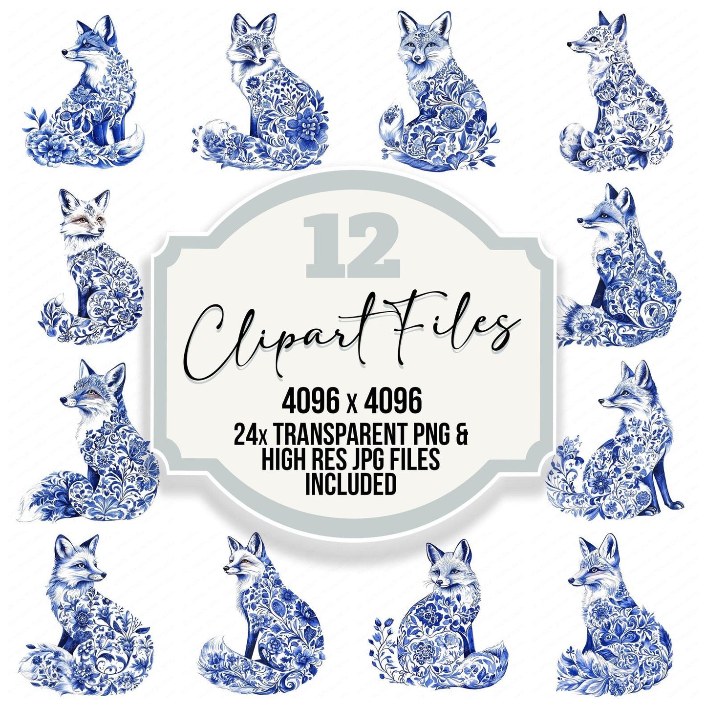 Delftware style Fox Clipart Set (DDD005106)