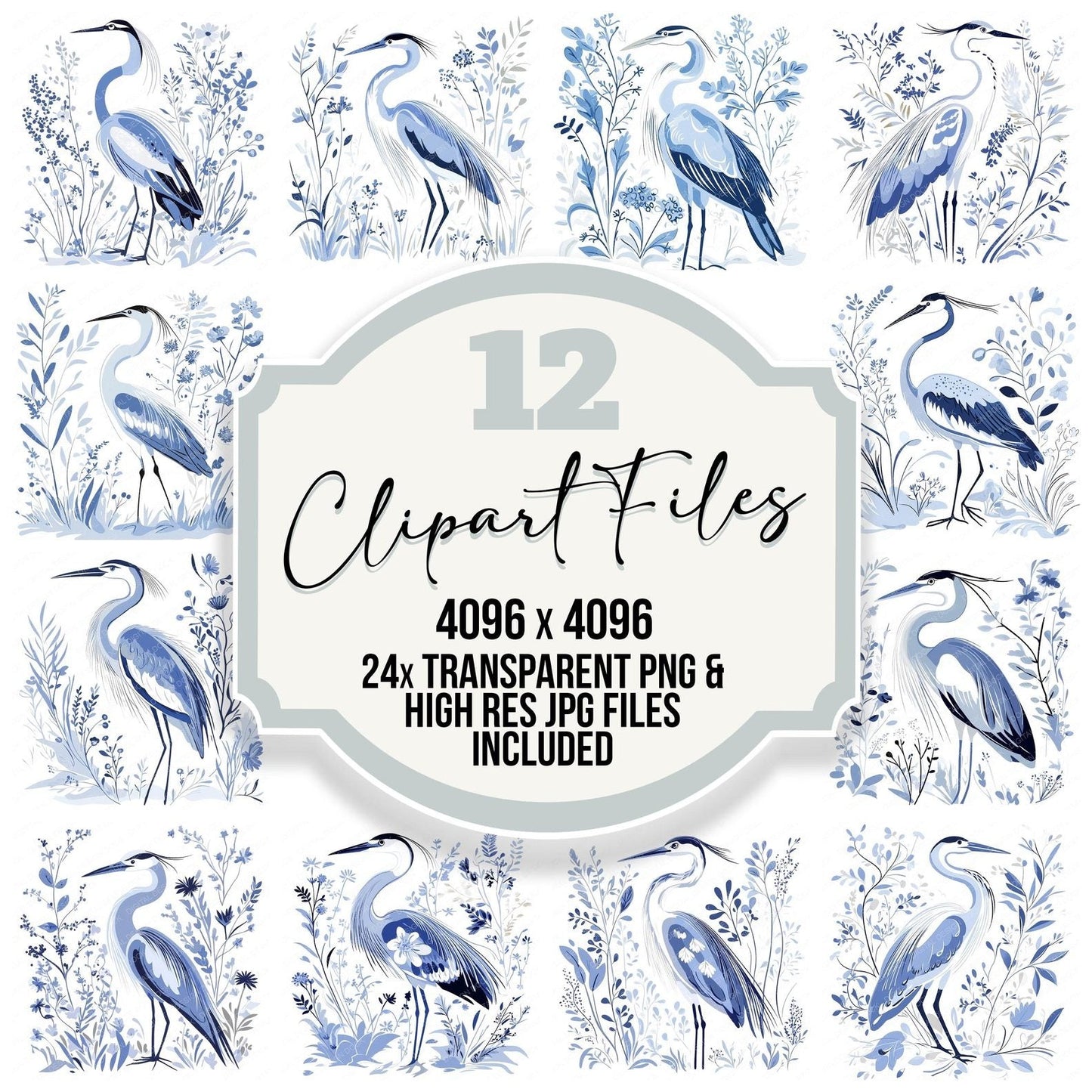 Delftware style Heron Clipart Set (DDD005107)