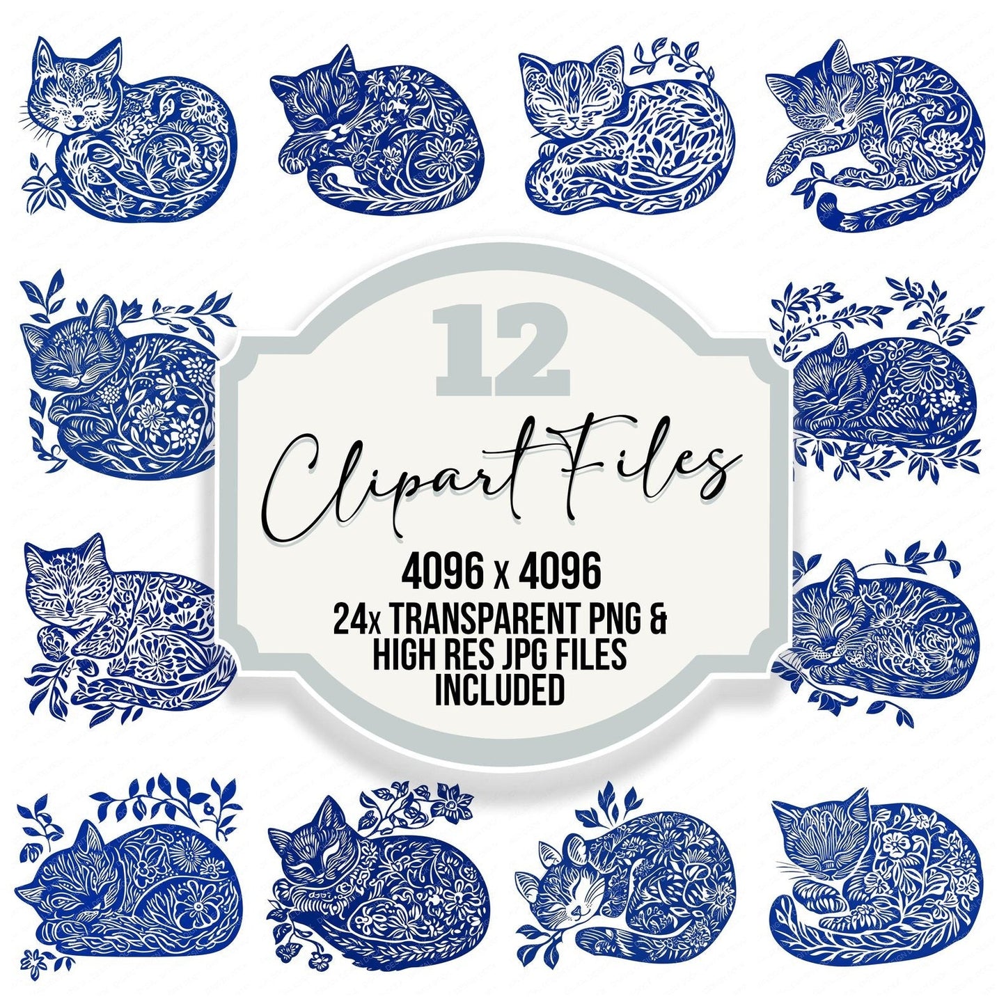 Delftware style Sleeping Cat Clipart Set (DDD005111)