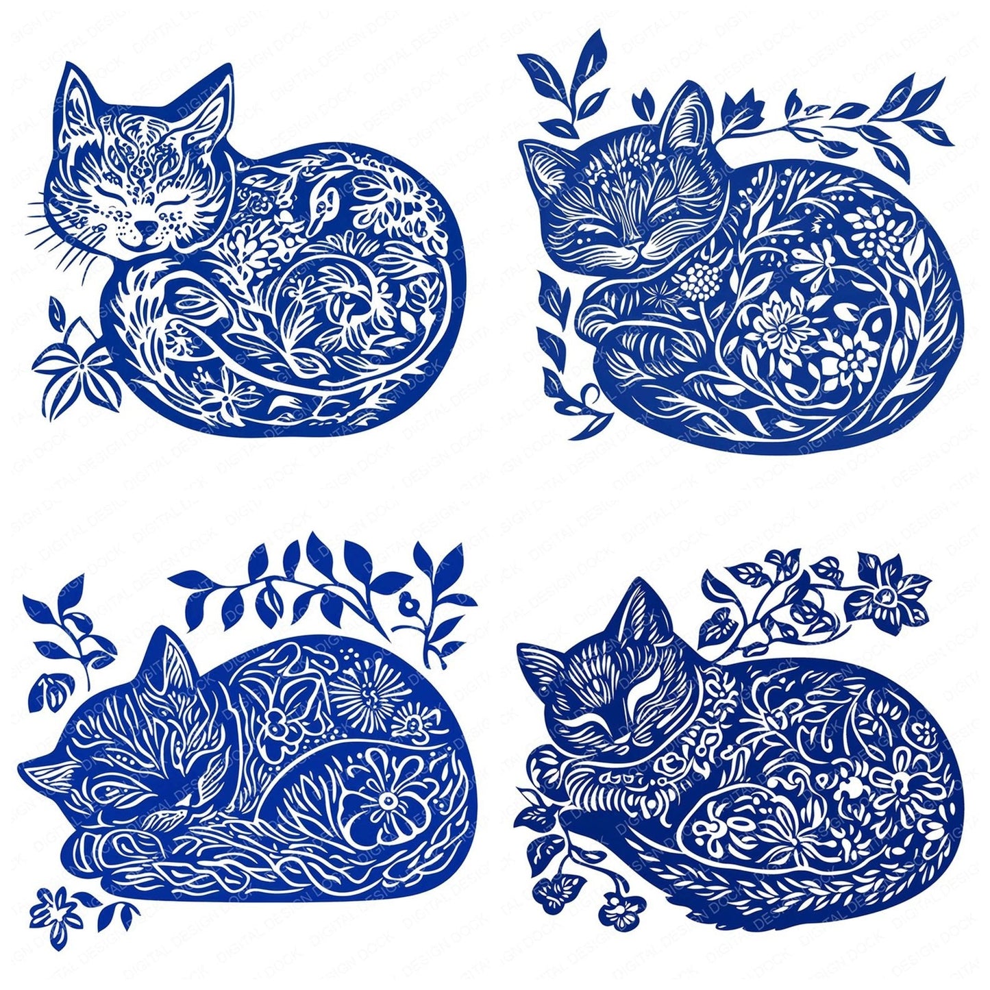 Delftware style Sleeping Cat Clipart Set (DDD005111)