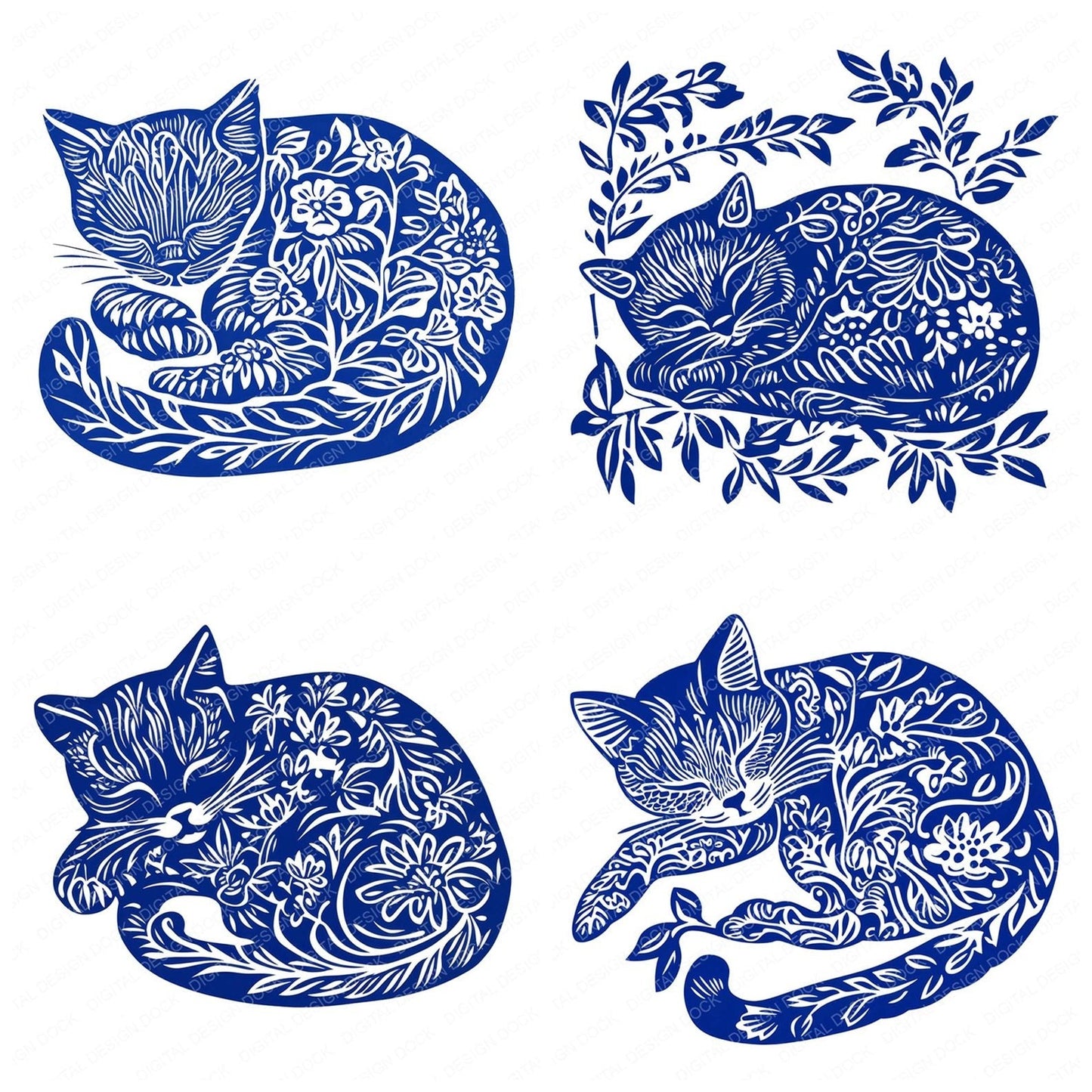 Delftware style Sleeping Cat Clipart Set (DDD005111)