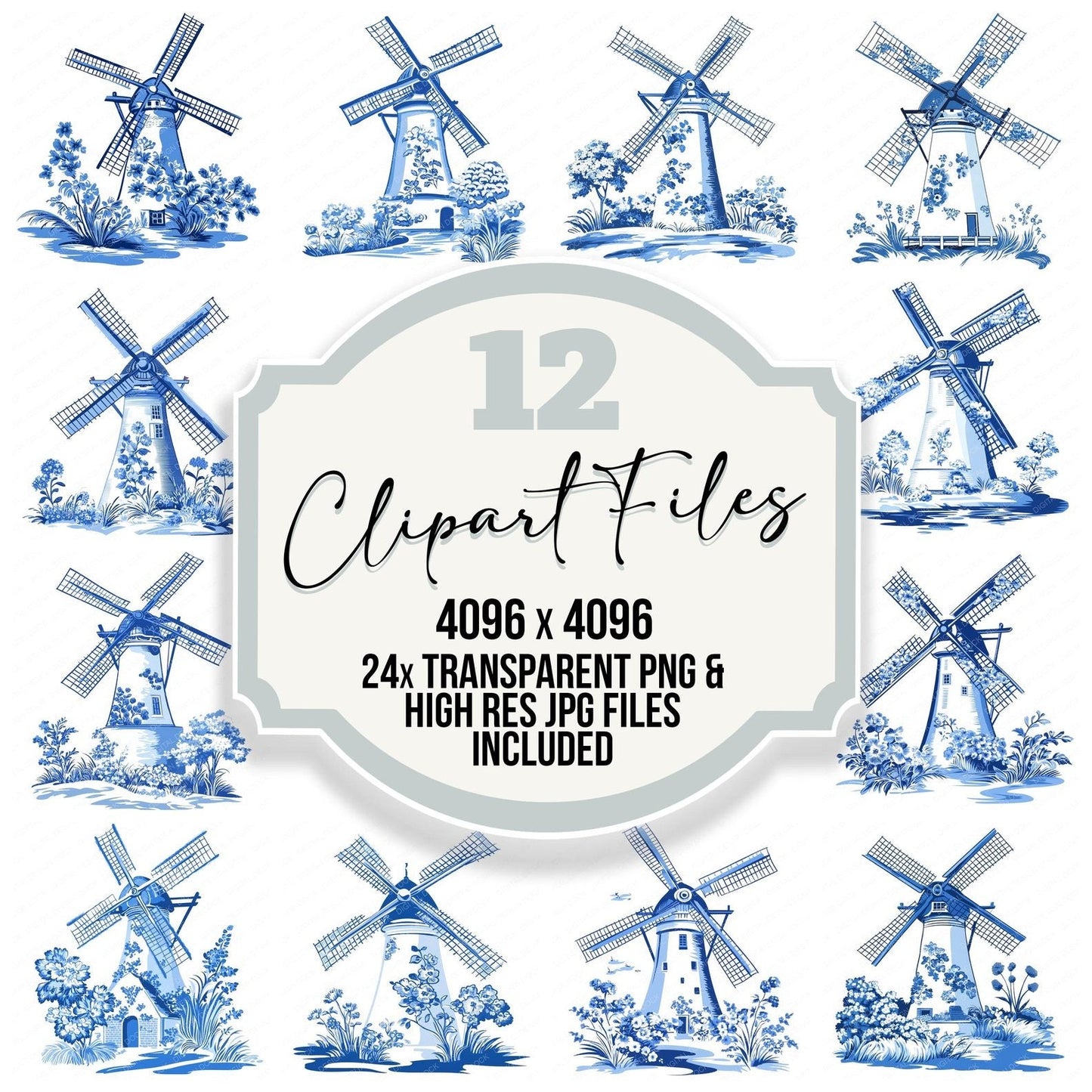 Delftware style Windmill Clipart Set (DDD005114)