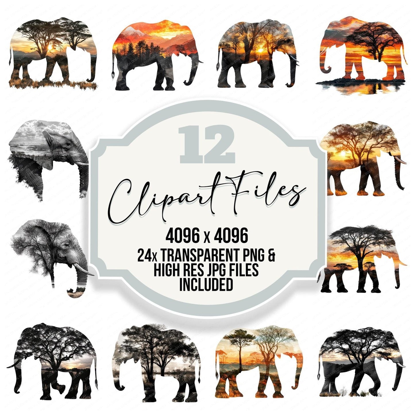 Double Exposure Elephant Clipart Set (DDD005124)