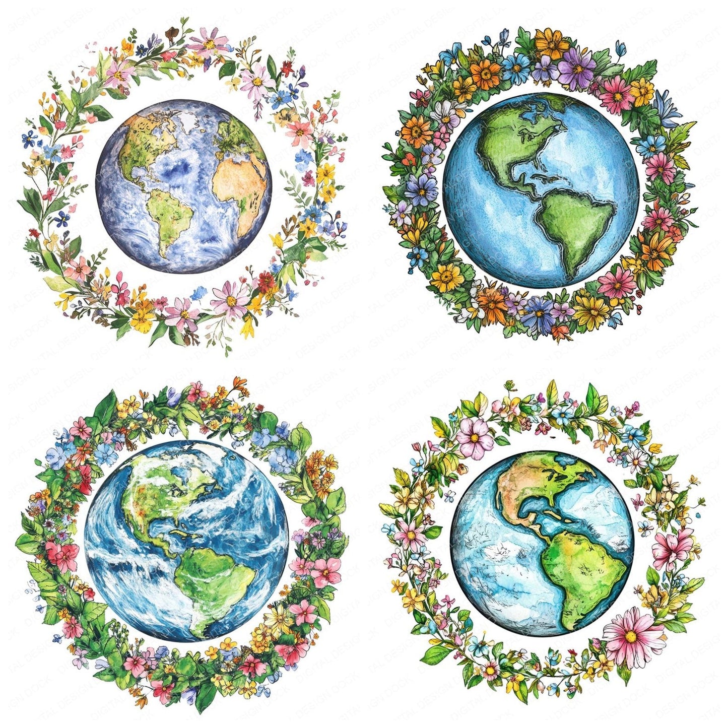 Earth with Floral Wreath Clipart Set (DDD005148)