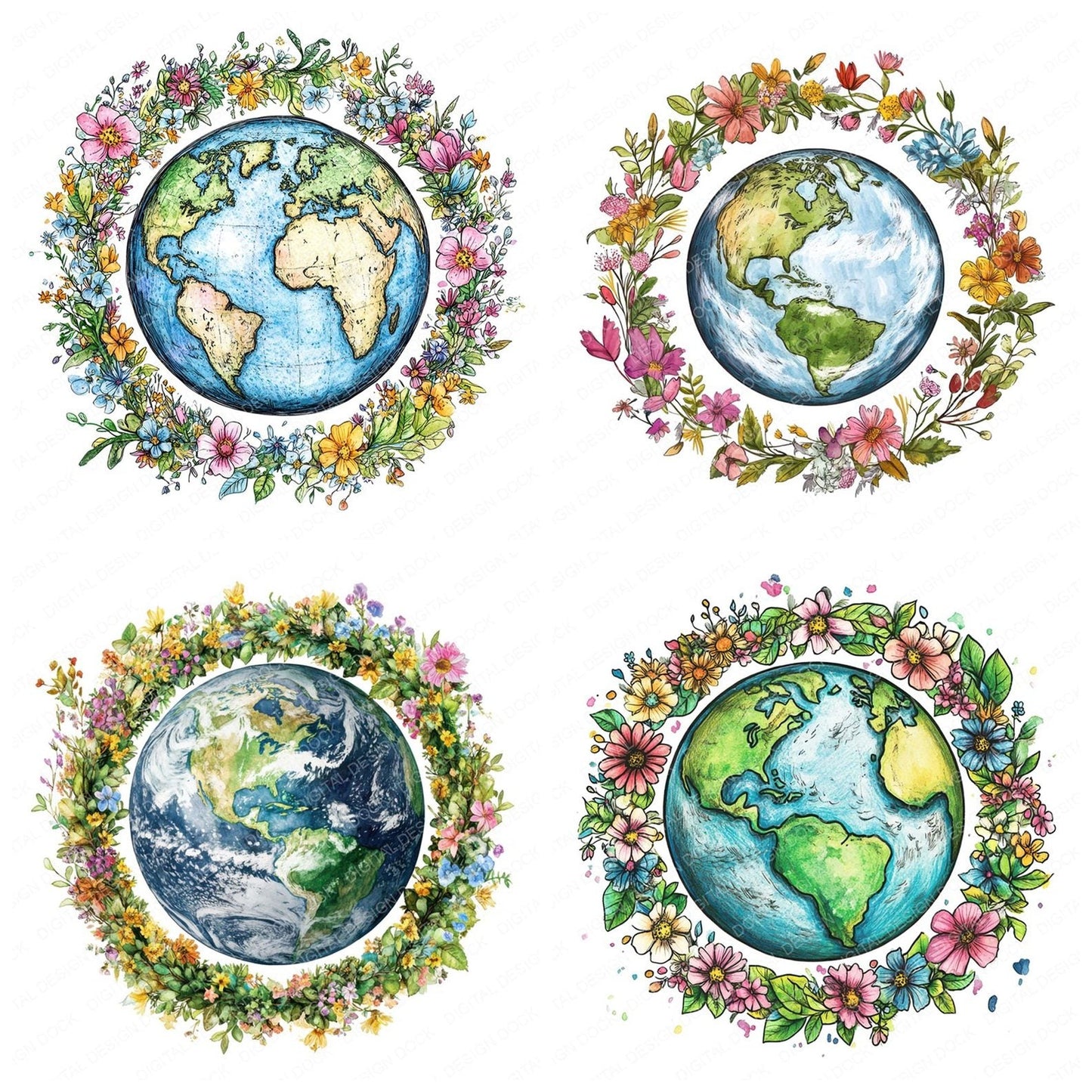 Earth with Floral Wreath Clipart Set (DDD005148)