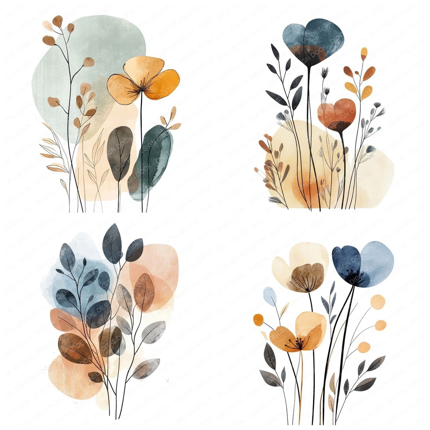 Earthy Boho Abstract Flowers Clipart Set (DDD005149)