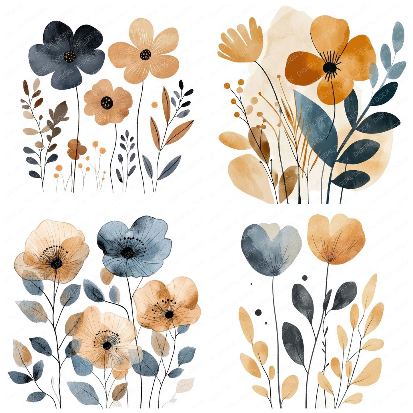 Earthy Boho Abstract Flowers Clipart Set (DDD005149)