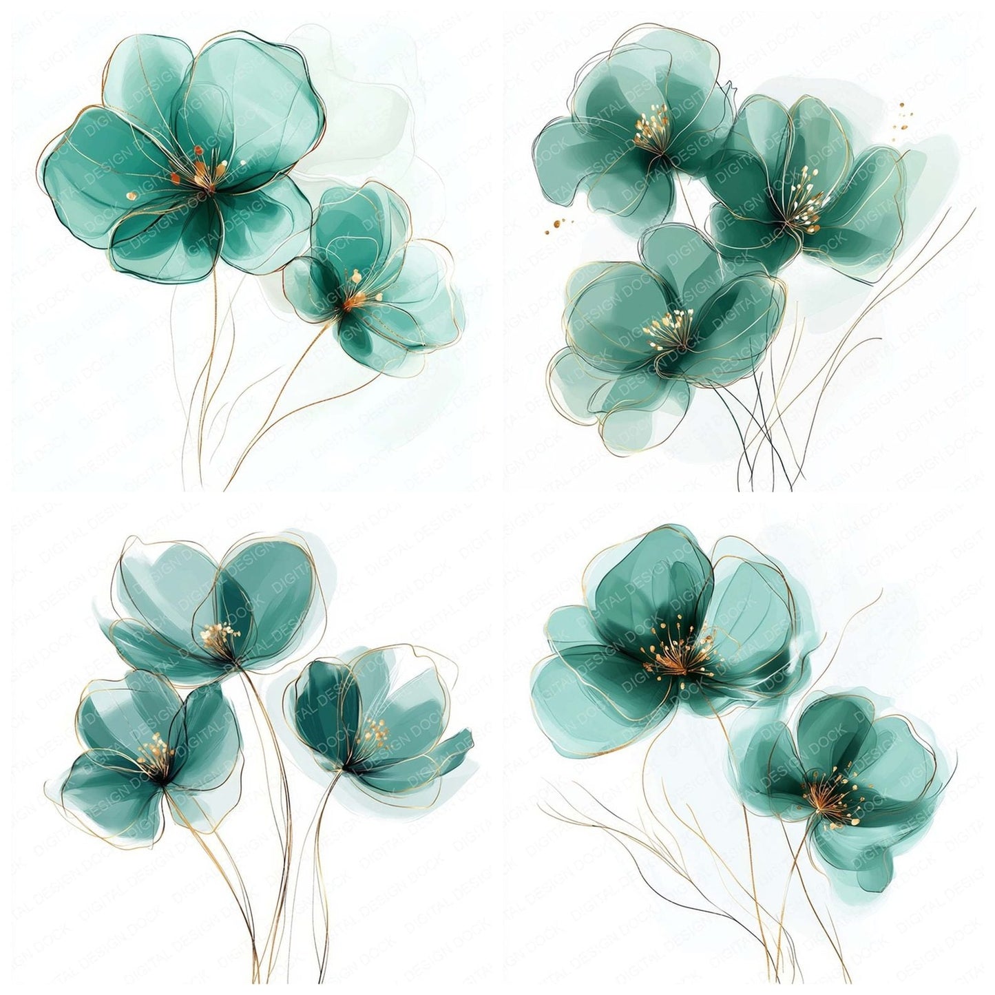 Emerald Green Abstract Flowers Clipart Set (DDD005168)