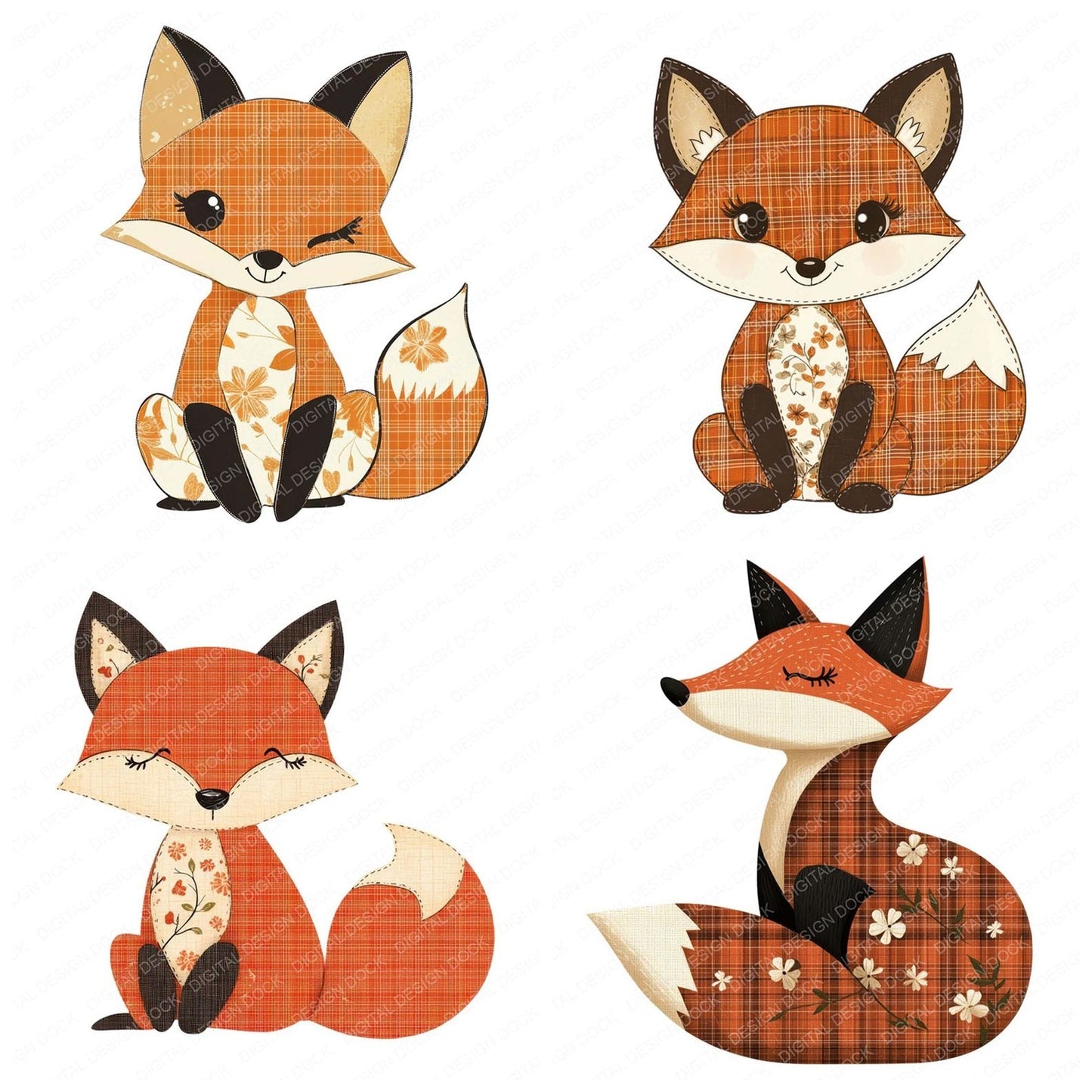 Fabric Fox Sitting Clipart Set (DDD005214)
