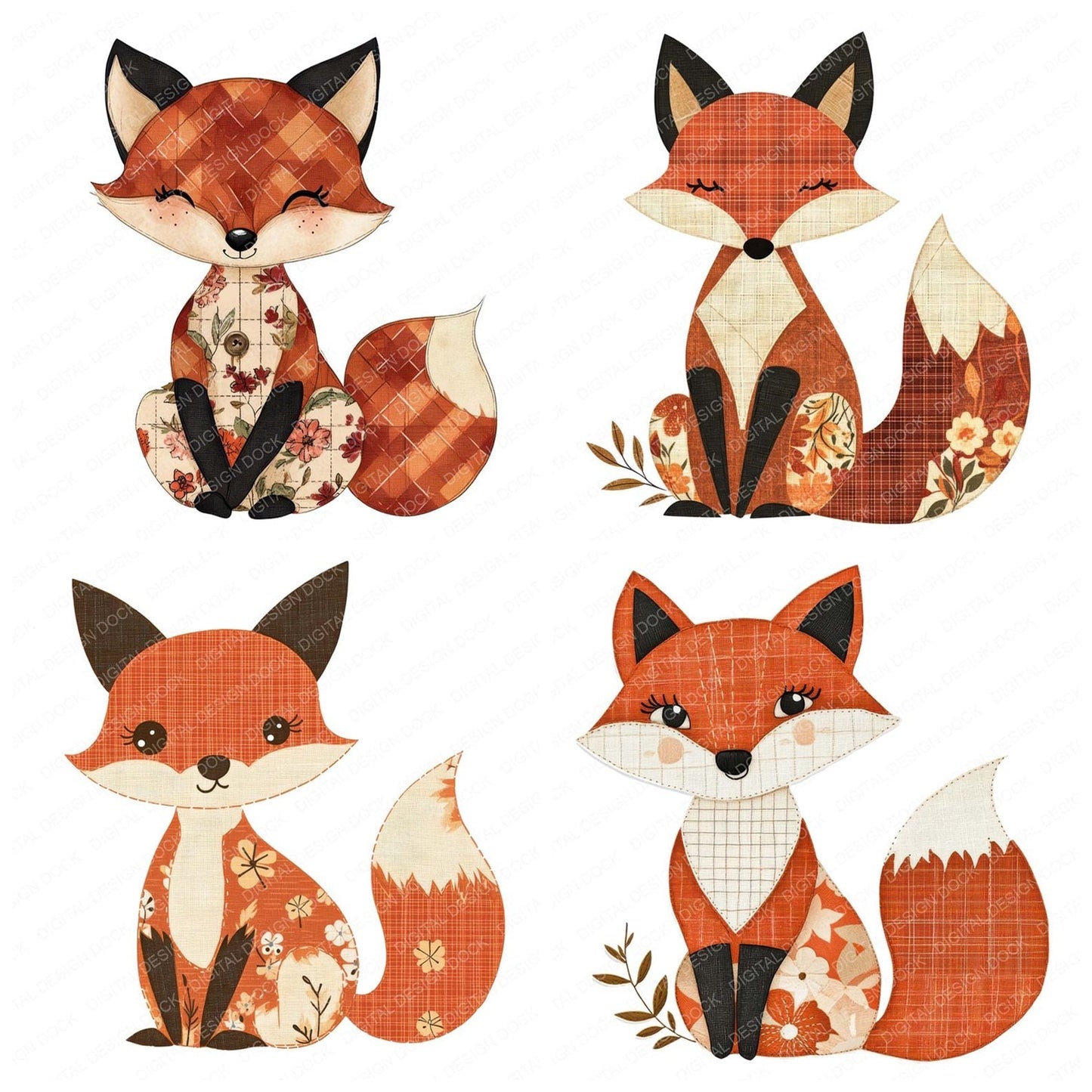Fabric Fox Sitting Clipart Set (DDD005214)