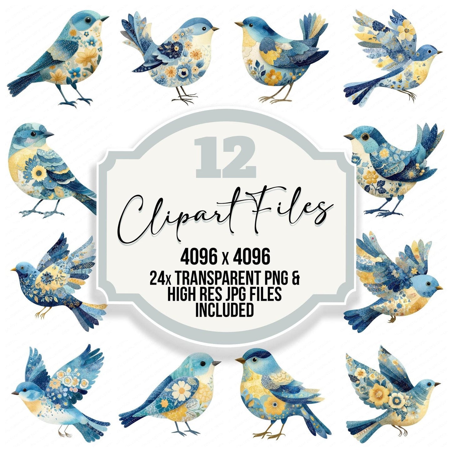 Fabric Patchwork Bluebird Clipart Set (DDD005234)