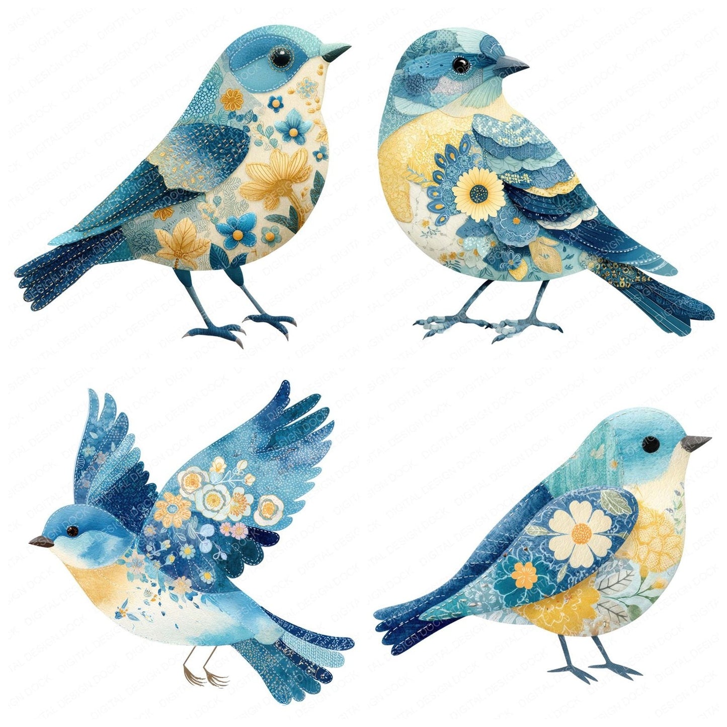 Fabric Patchwork Bluebird Clipart Set (DDD005234)