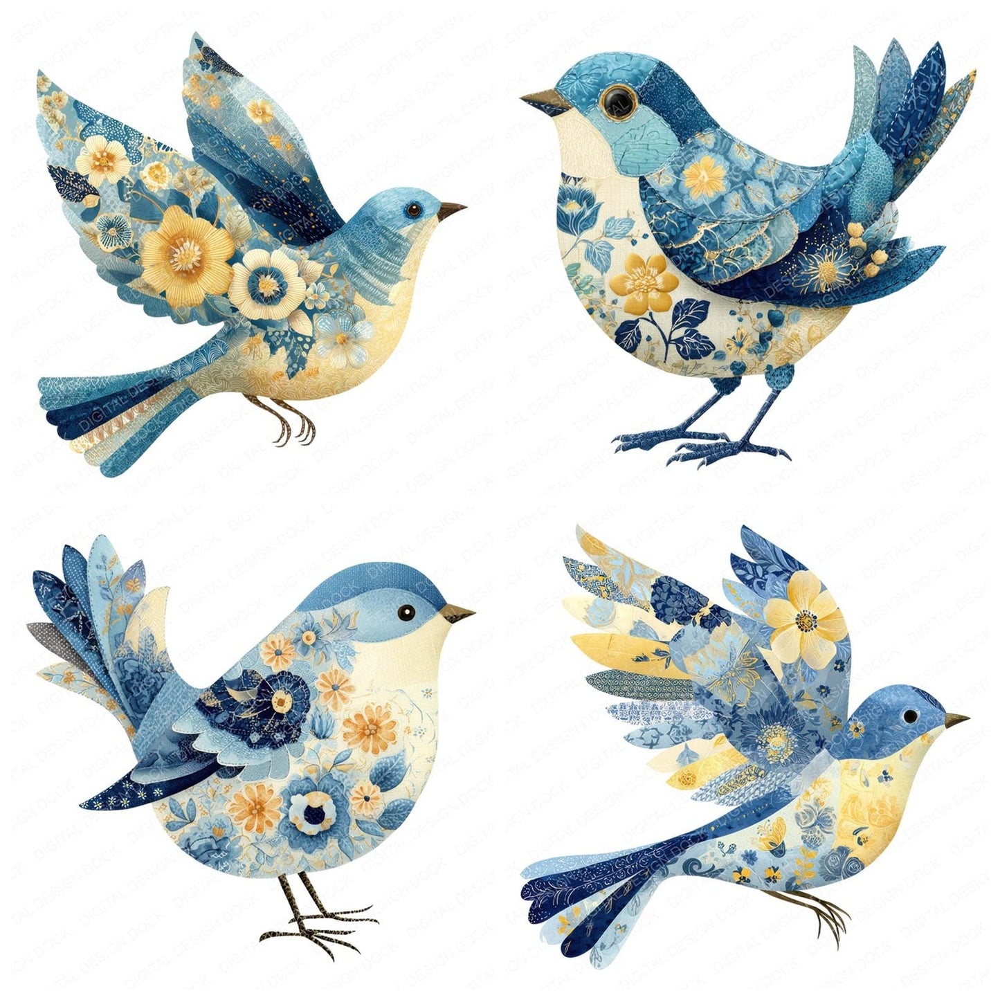 Fabric Patchwork Bluebird Clipart Set (DDD005234)