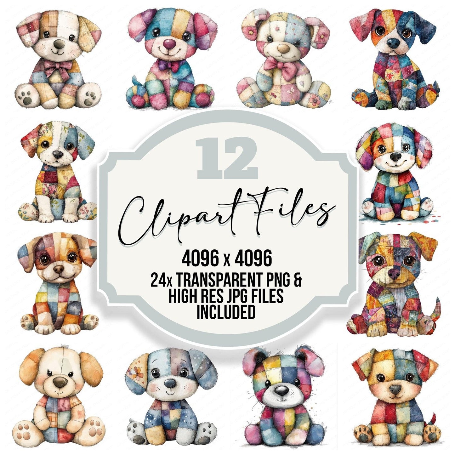 Fabric Patchwork Cute Dog Teddy Clipart Set (DDD005237)