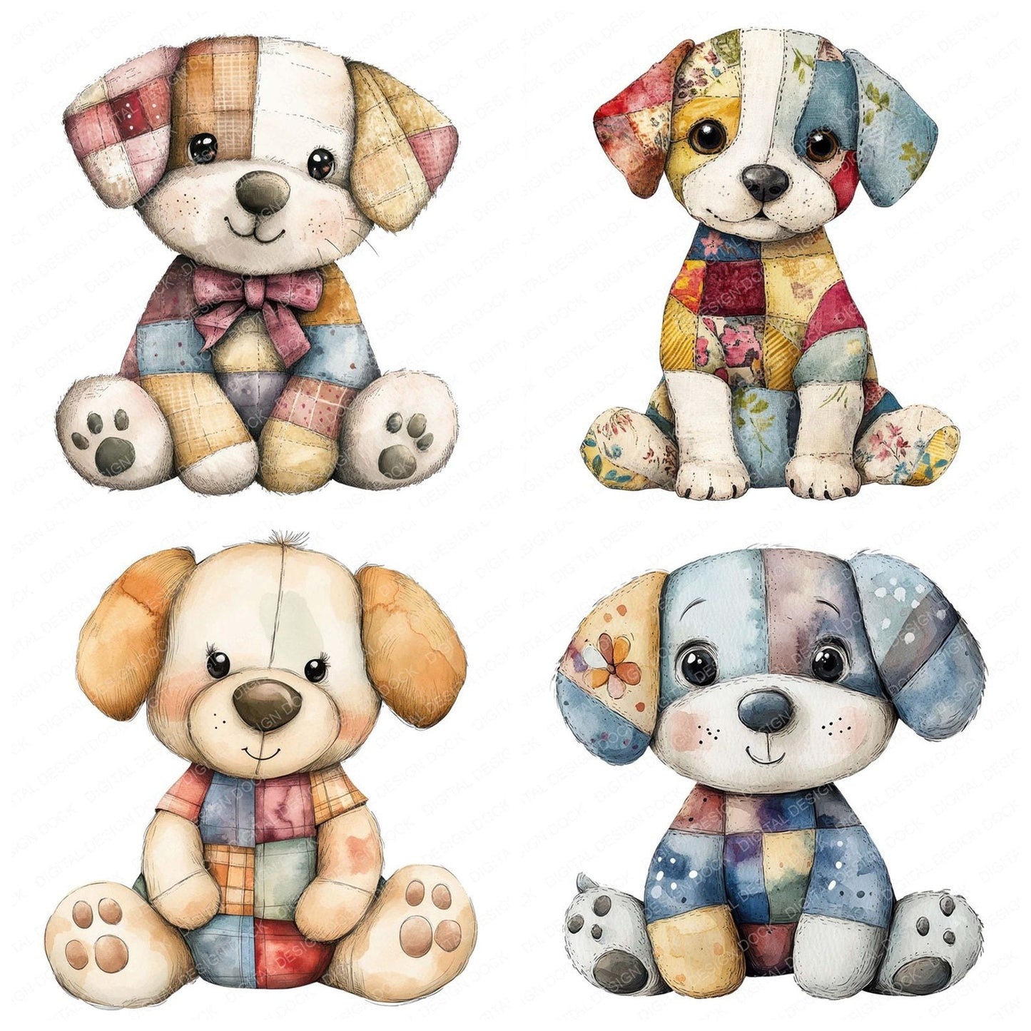 Fabric Patchwork Cute Dog Teddy Clipart Set (DDD005237)