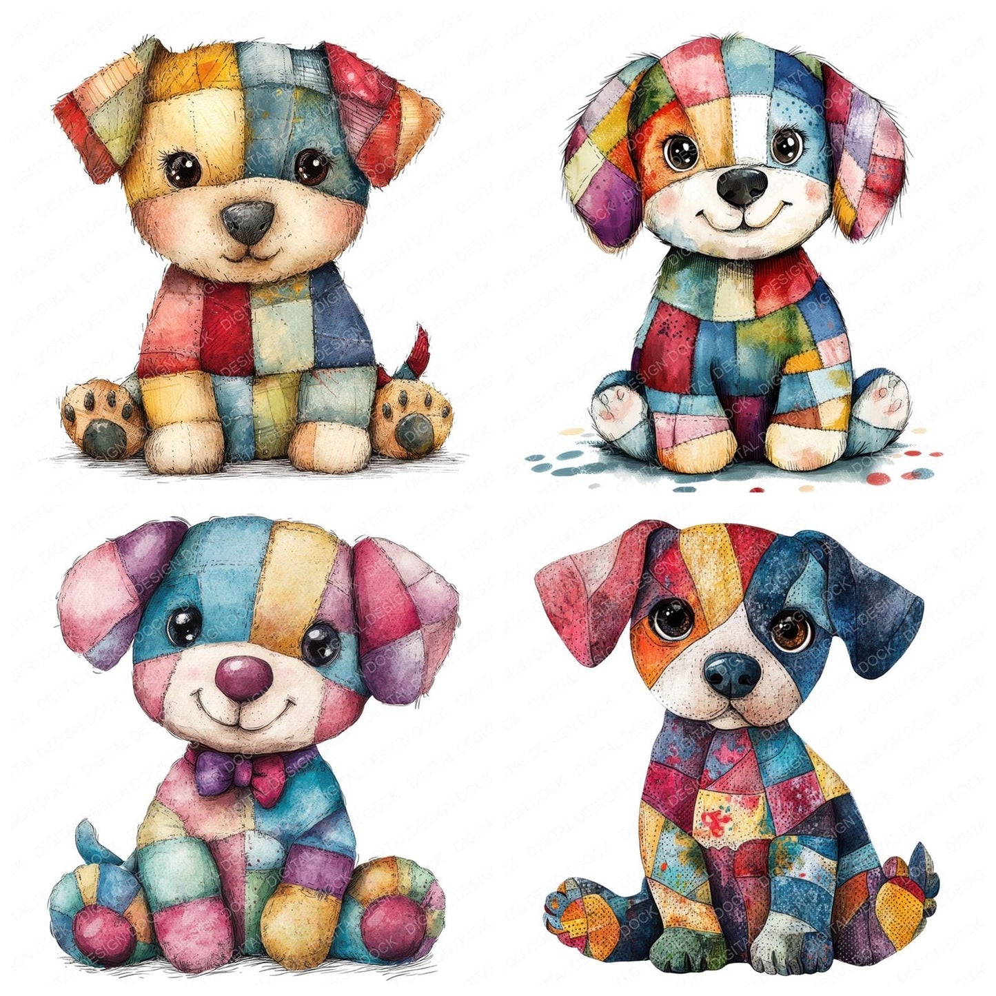 Fabric Patchwork Cute Dog Teddy Clipart Set (DDD005237)