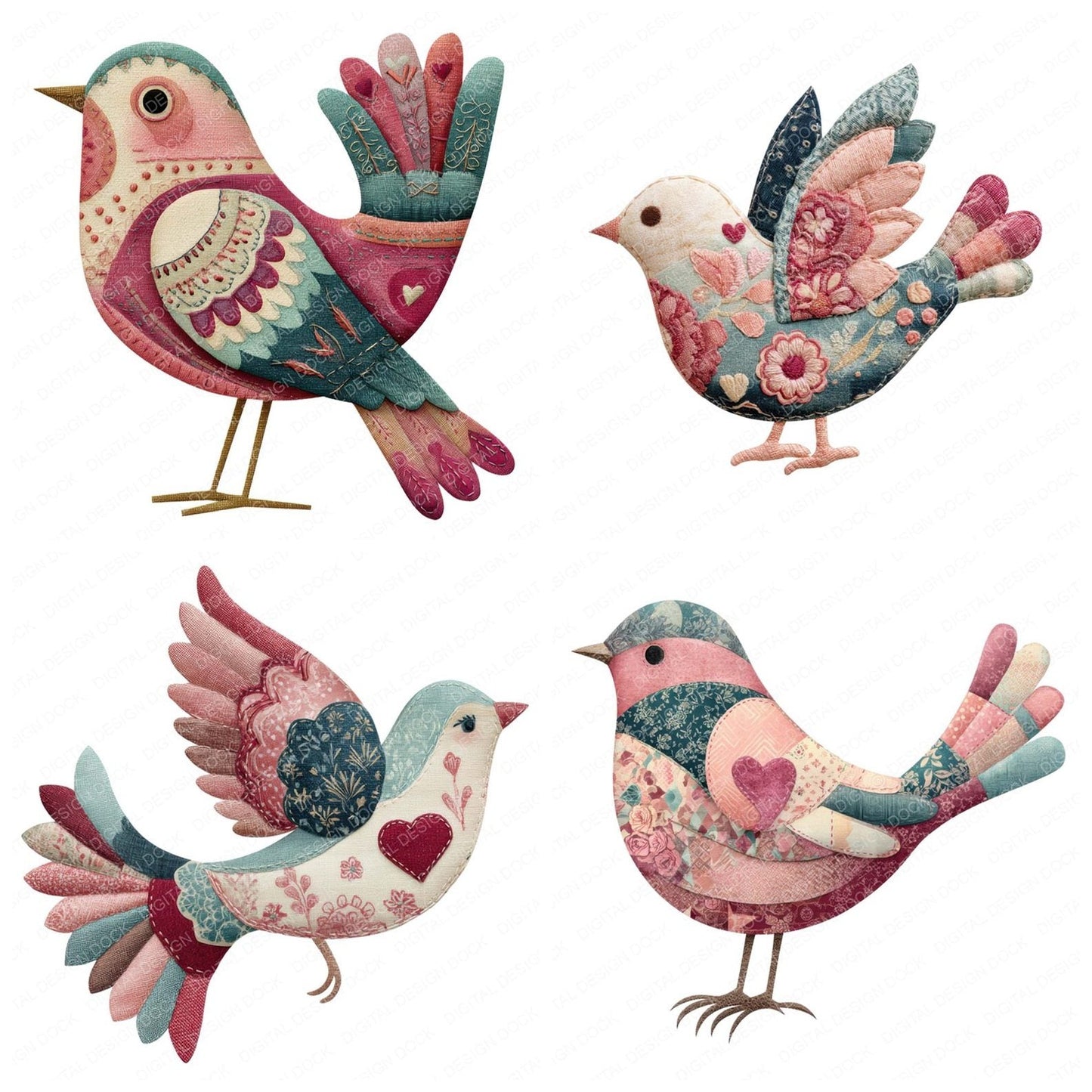 Fabric Patchwork Heart Bird Clipart Set (DDD005244)
