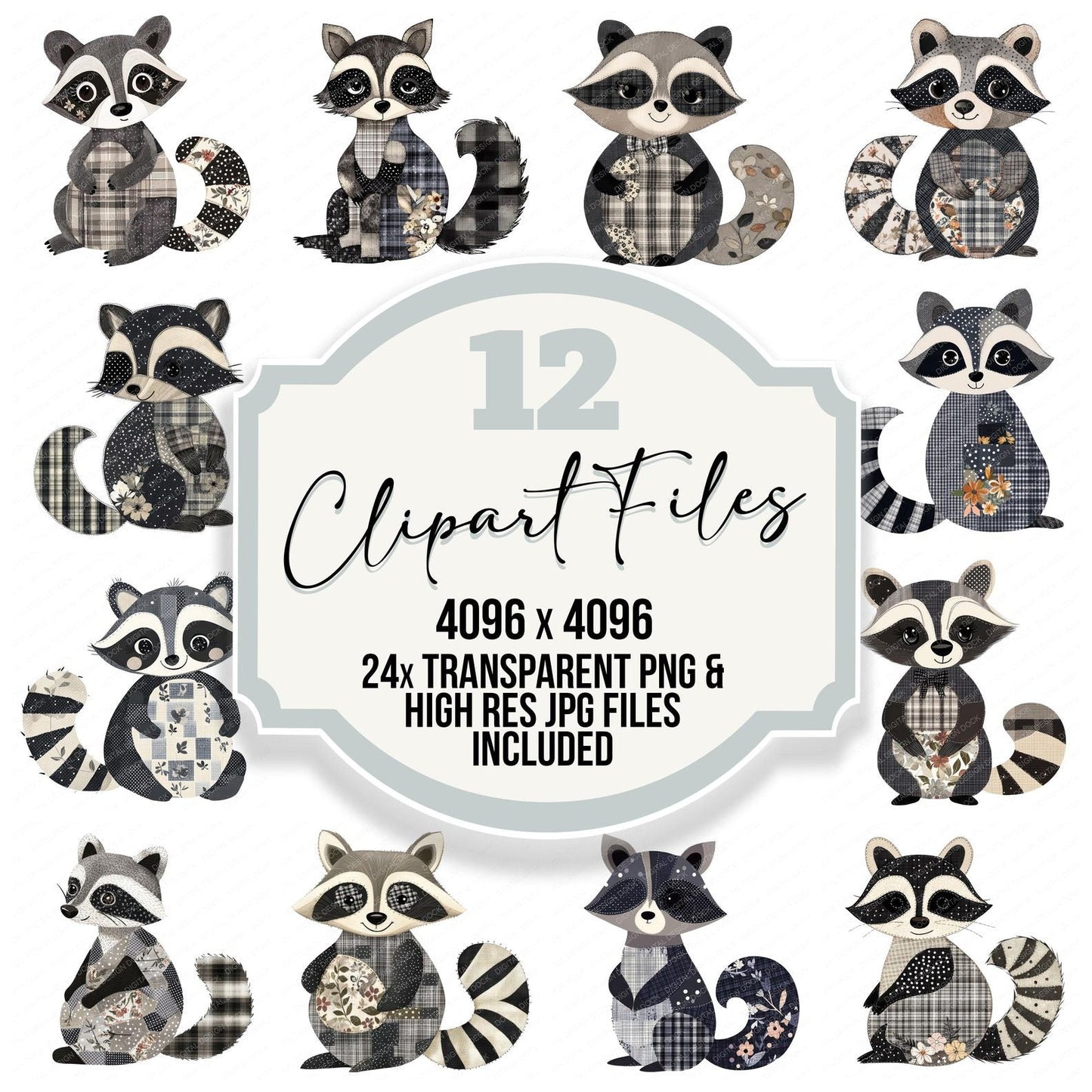 Fabric Patchwork Raccoon with Mask Clipart Set (DDD005251)