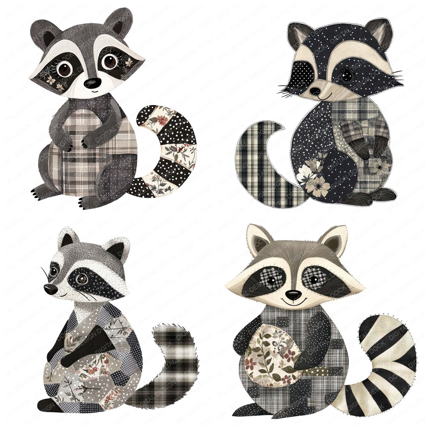 Fabric Patchwork Raccoon with Mask Clipart Set (DDD005251)