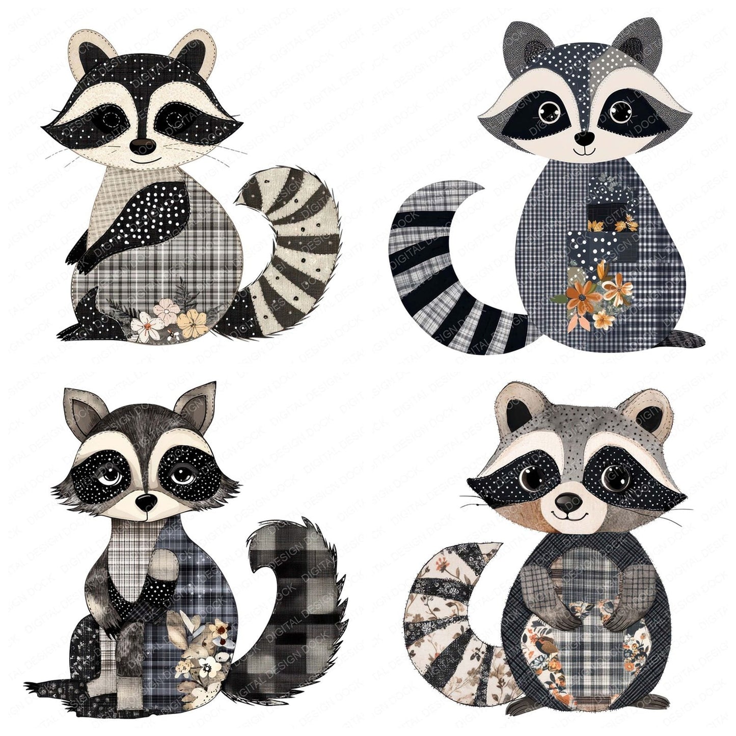 Fabric Patchwork Raccoon with Mask Clipart Set (DDD005251)