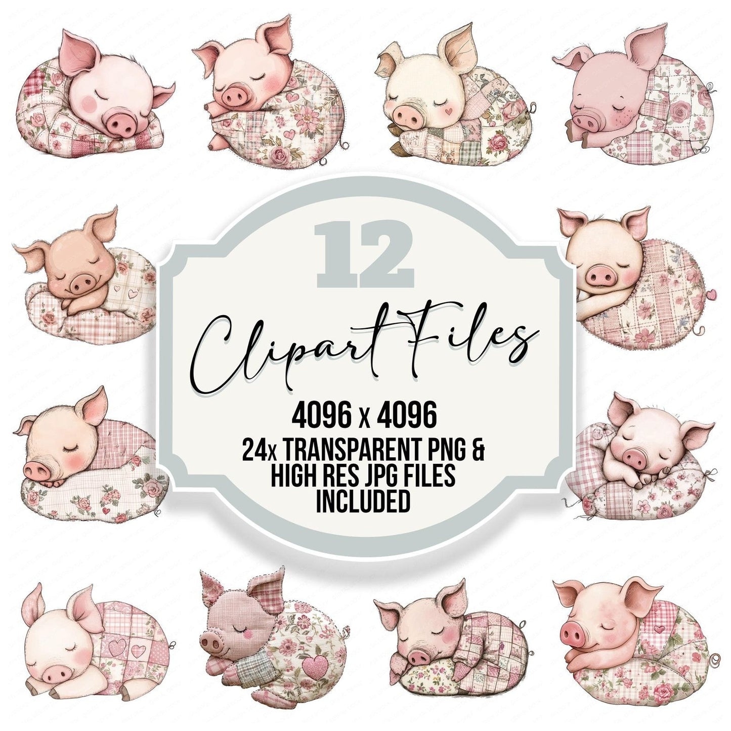 Fabric Sleeping Piglet Patchwork Clipart Set (DDD005269)