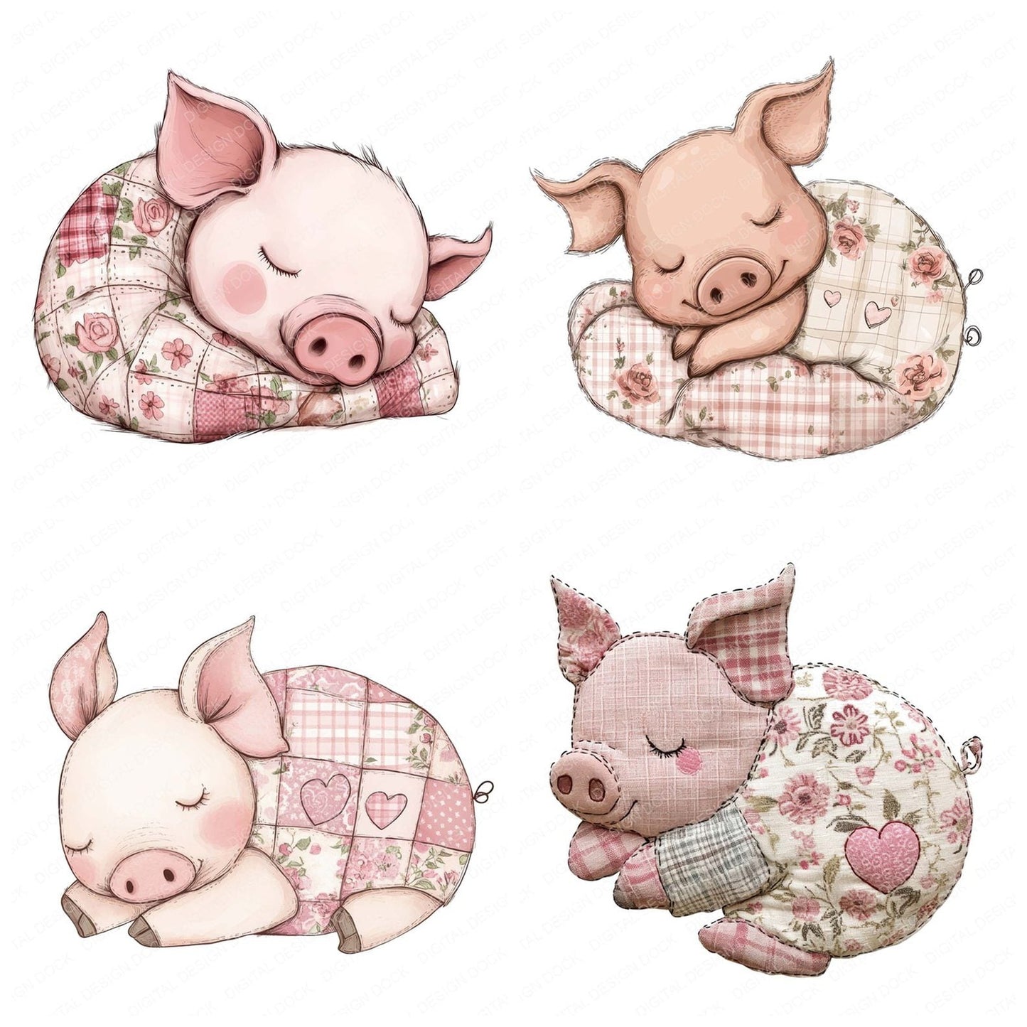 Fabric Sleeping Piglet Patchwork Clipart Set (DDD005269)