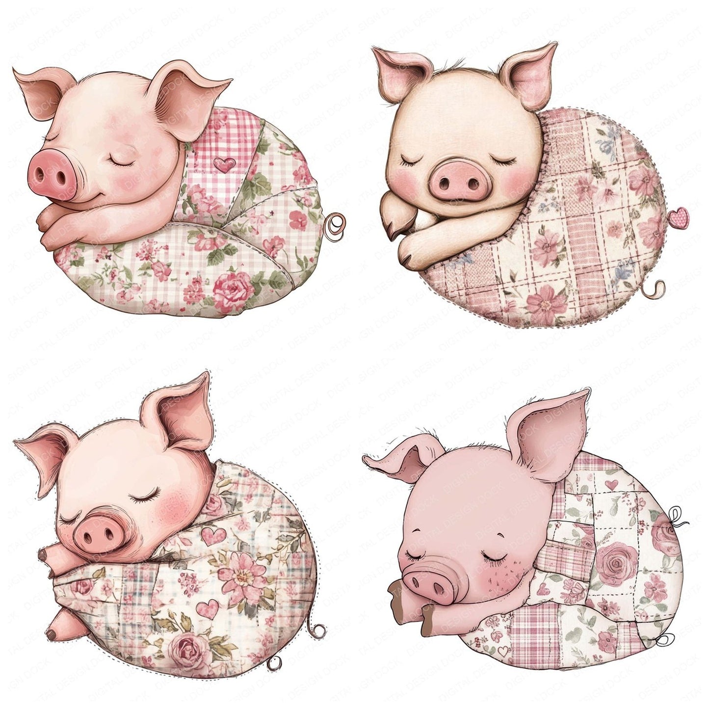 Fabric Sleeping Piglet Patchwork Clipart Set (DDD005269)
