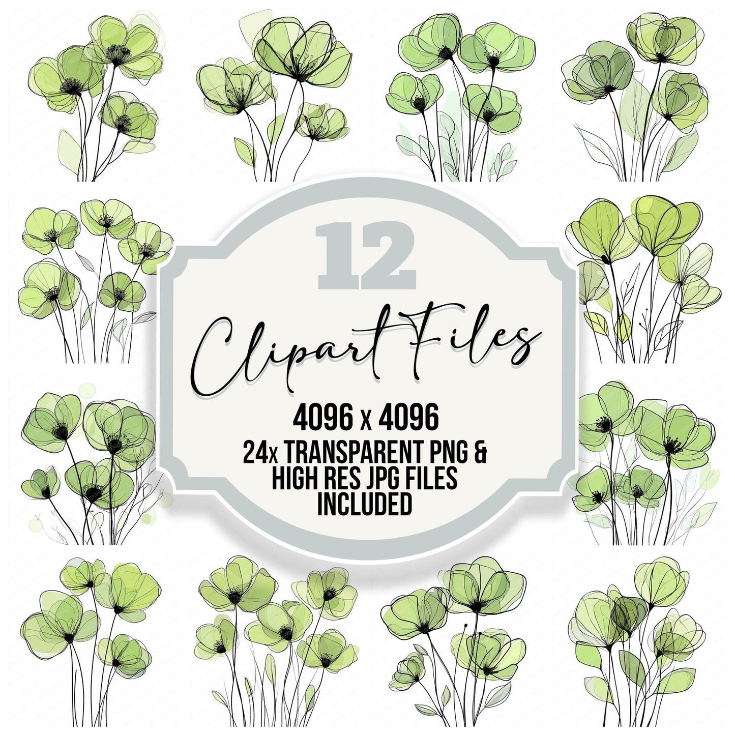 Fern Green Abstract Flowers Clipart Set (DDD005320)