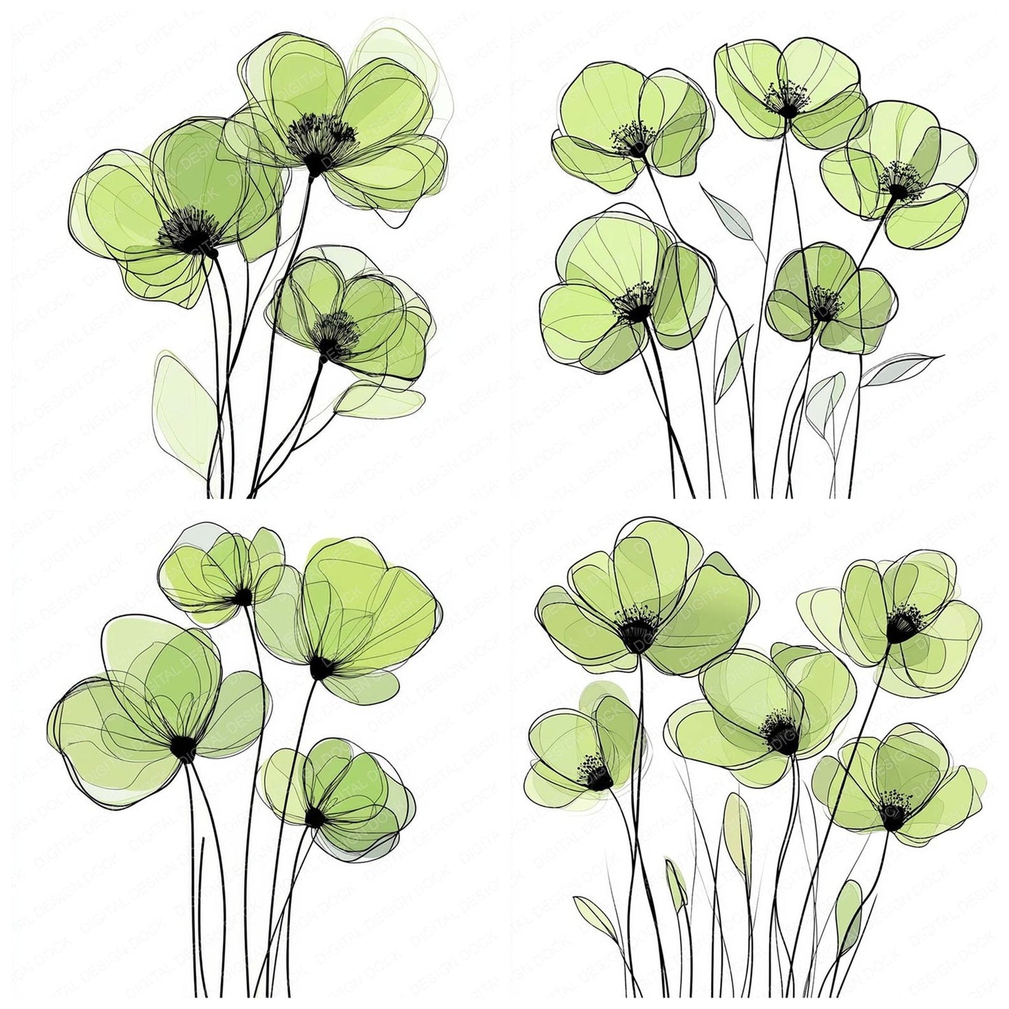 Fern Green Abstract Flowers Clipart Set (DDD005320)