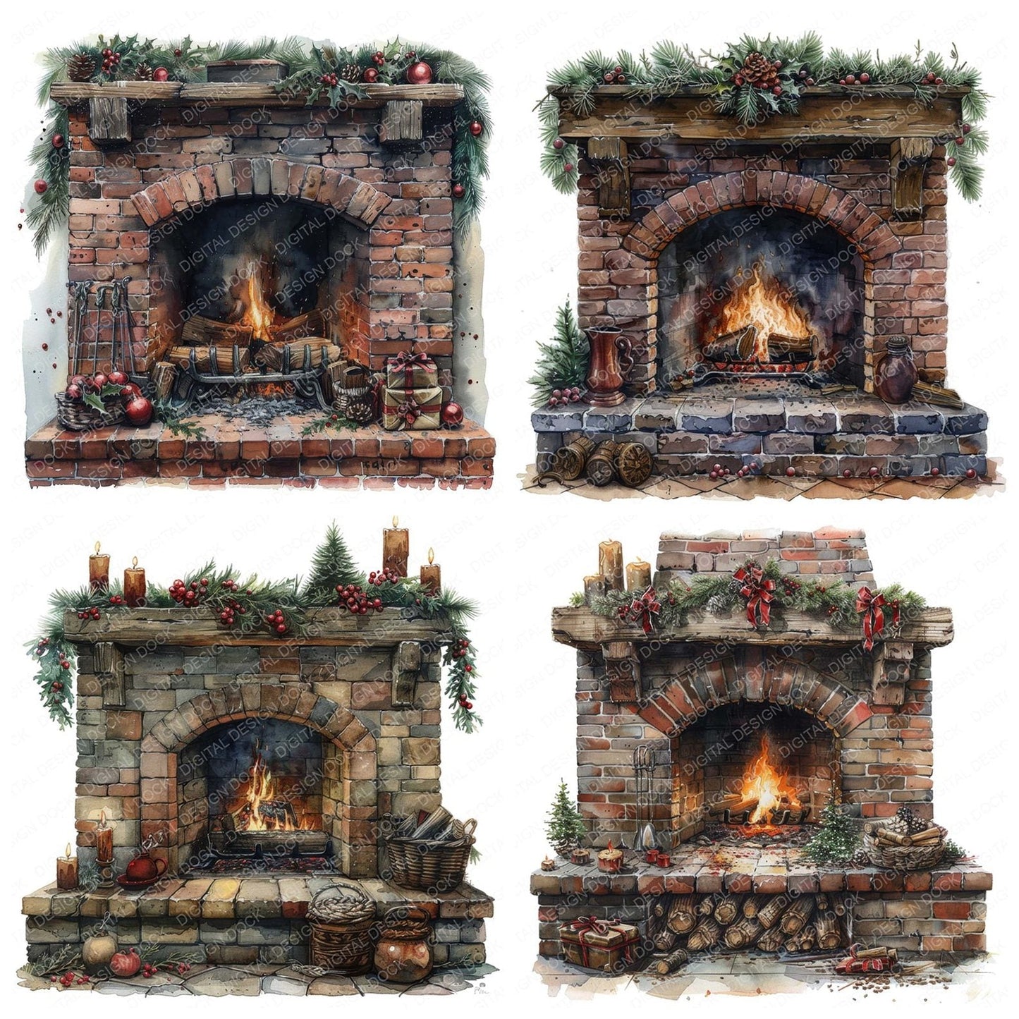 Festive Cozy Fireplace Clipart Set (DDD005322)