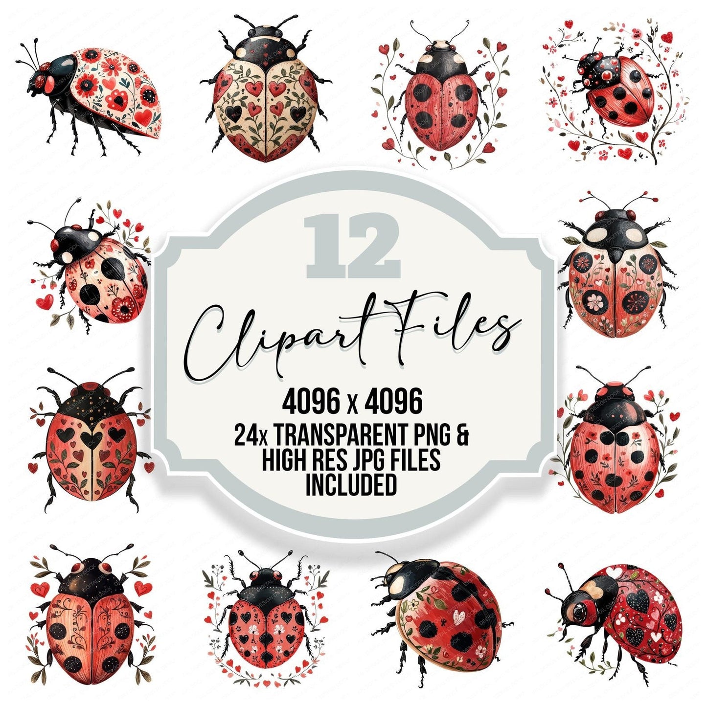 Flat Folk Art Ladybird Vines Clipart Set (DDD005344)