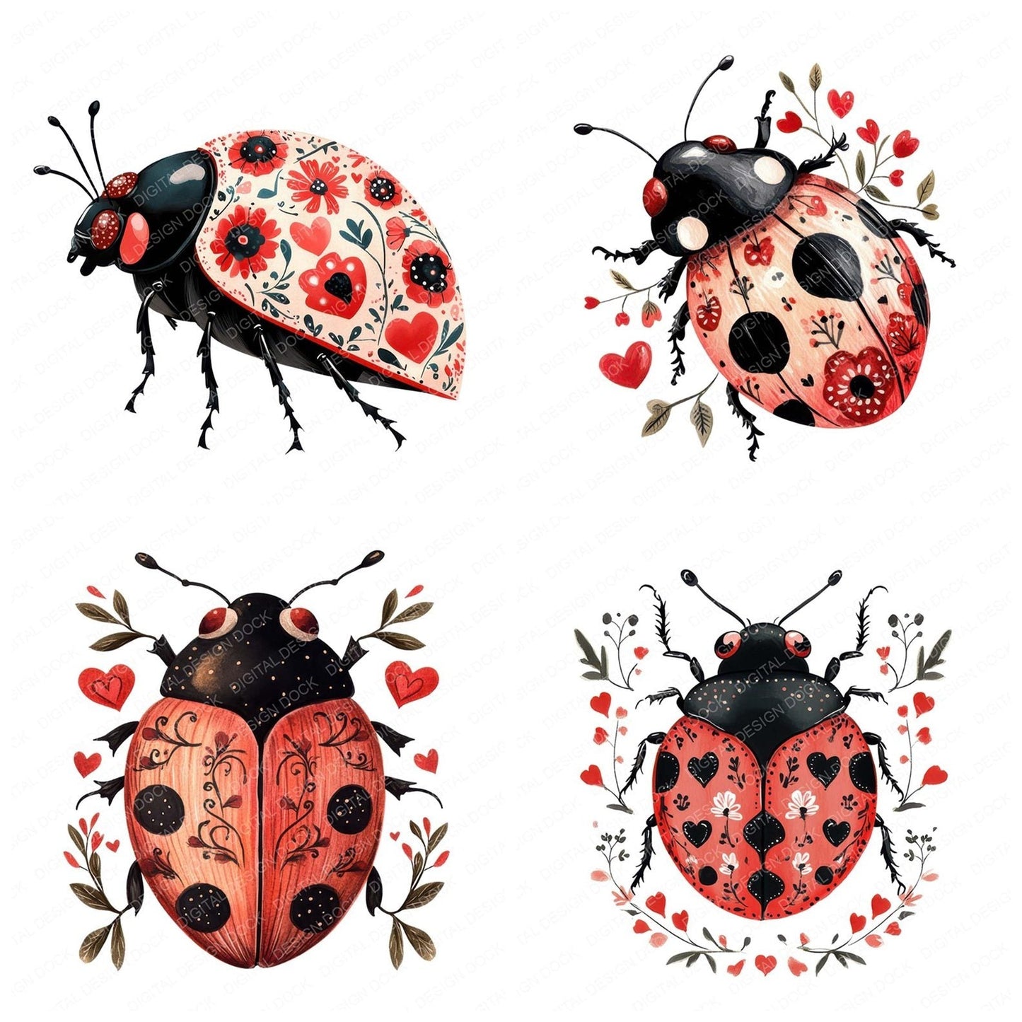 Flat Folk Art Ladybird Vines Clipart Set (DDD005344)