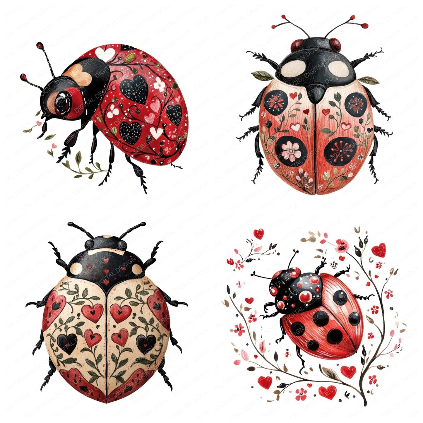 Flat Folk Art Ladybird Vines Clipart Set (DDD005344)