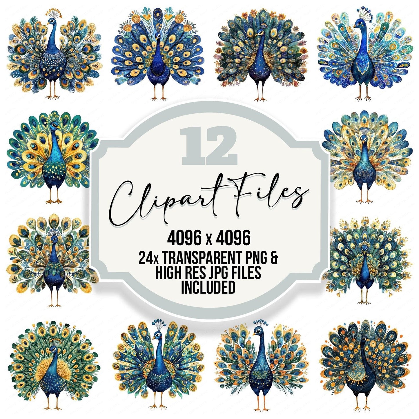 Flat Folk Art Peacock Fan Clipart Set (DDD005347)