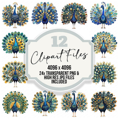 Flat Folk Art Peacock Fan clipart set cover showing the designs and file details