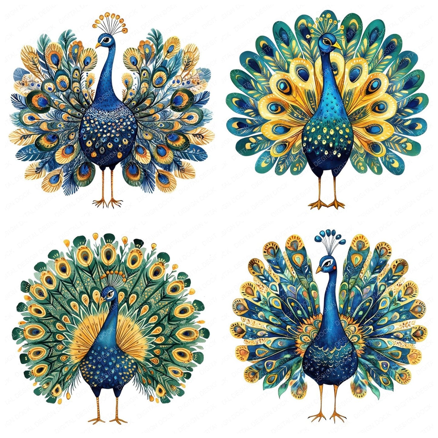 Flat Folk Art Peacock Fan Clipart Set (DDD005347)