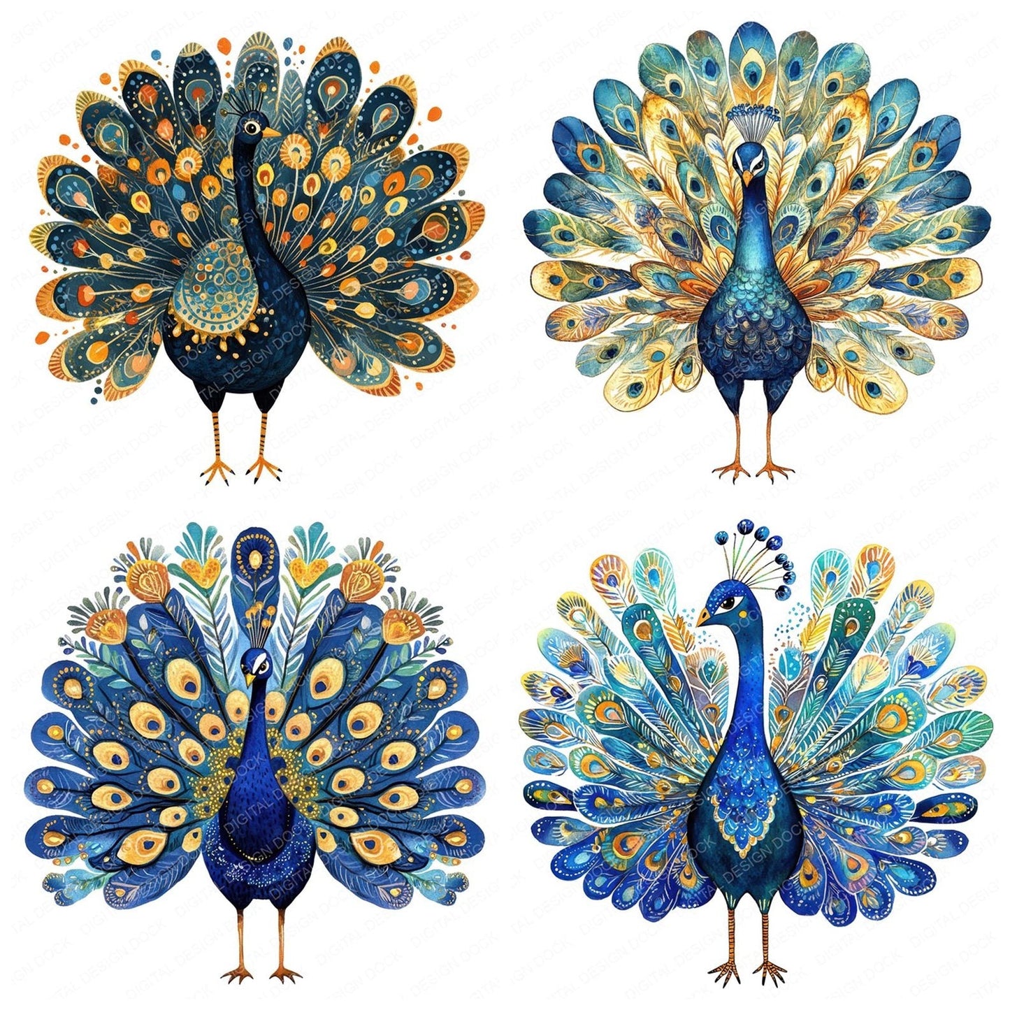 Flat Folk Art Peacock Fan Clipart Set (DDD005347)
