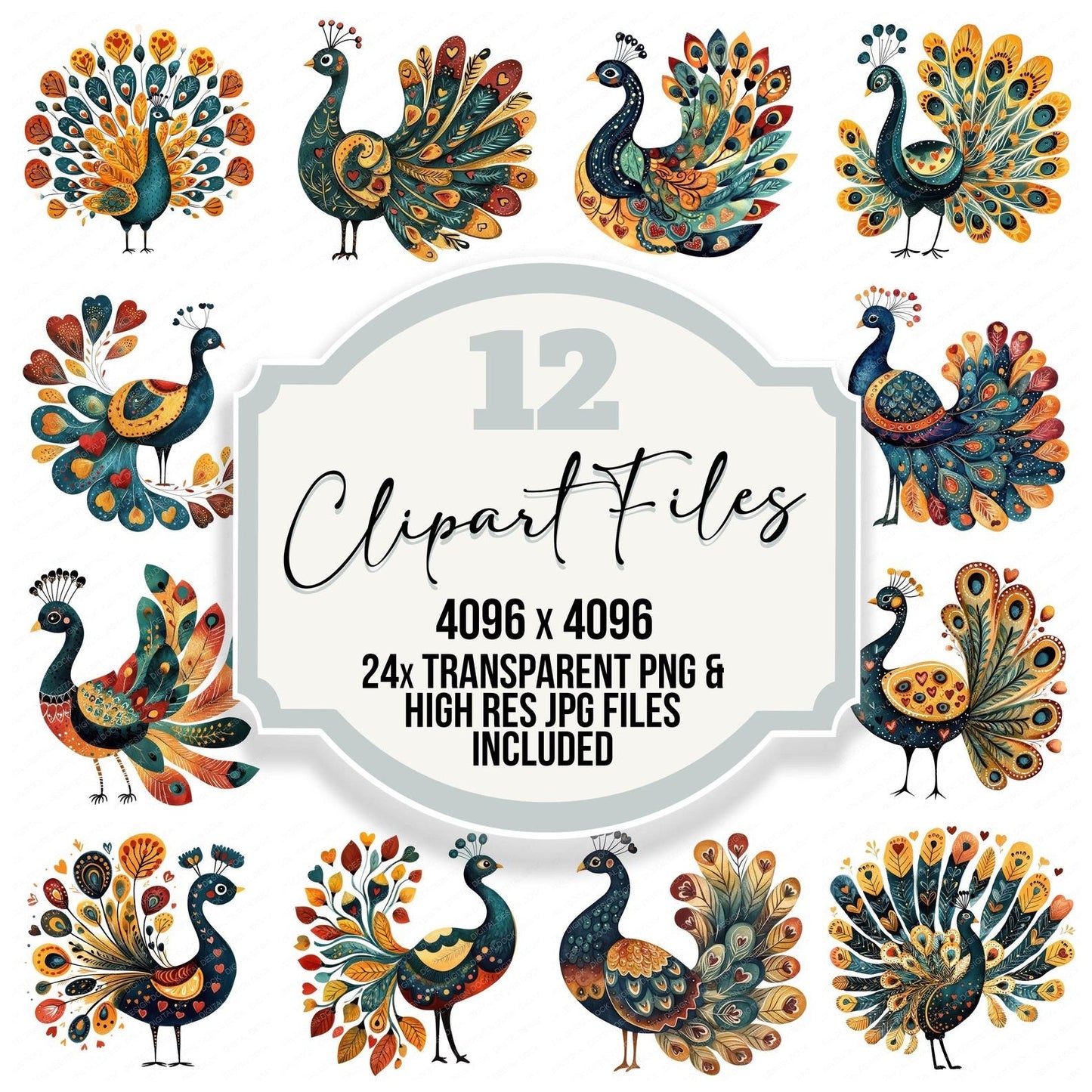 Flat Folk Art Spiral Peacock Clipart Set (DDD005351)