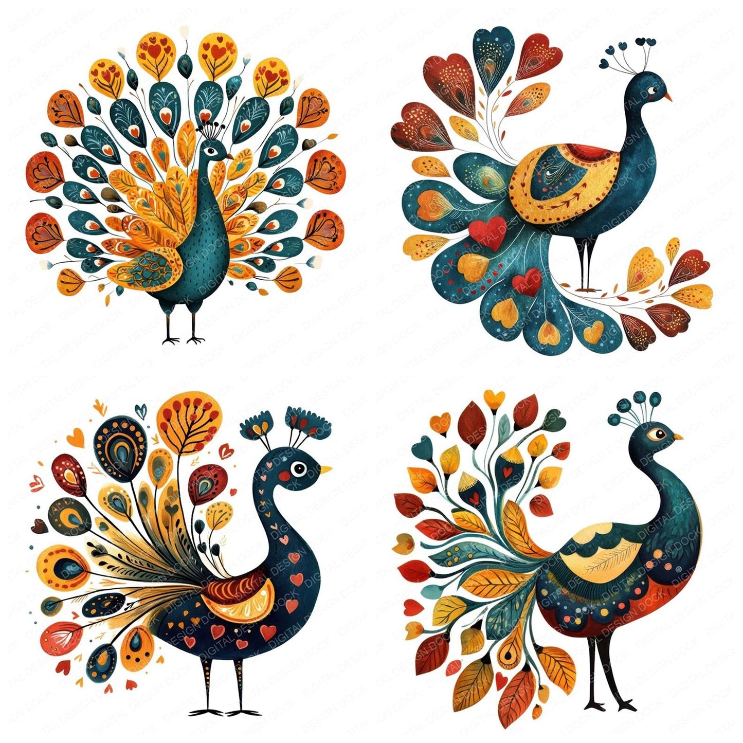 Flat Folk Art Spiral Peacock Clipart Set (DDD005351)