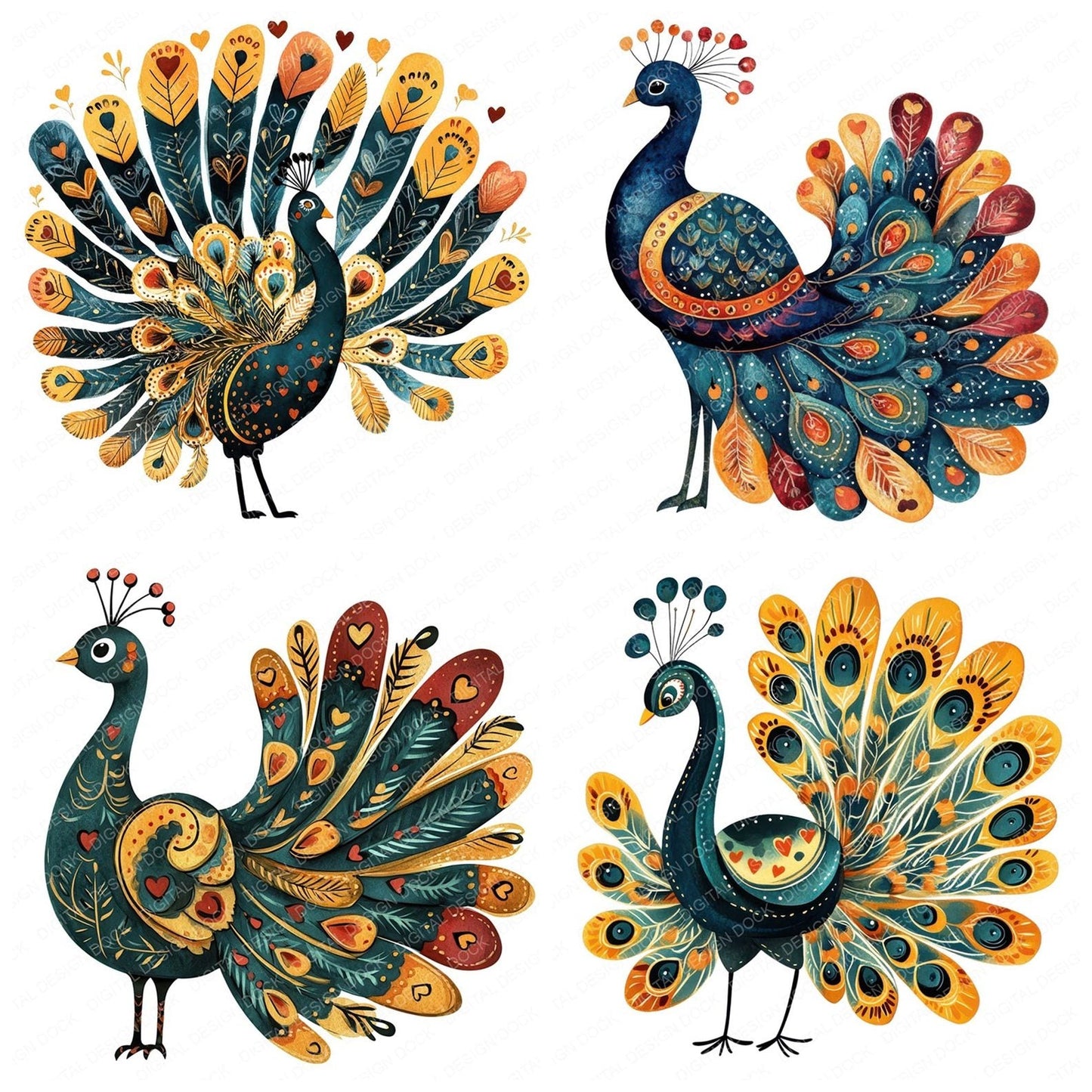 Flat Folk Art Spiral Peacock Clipart Set (DDD005351)