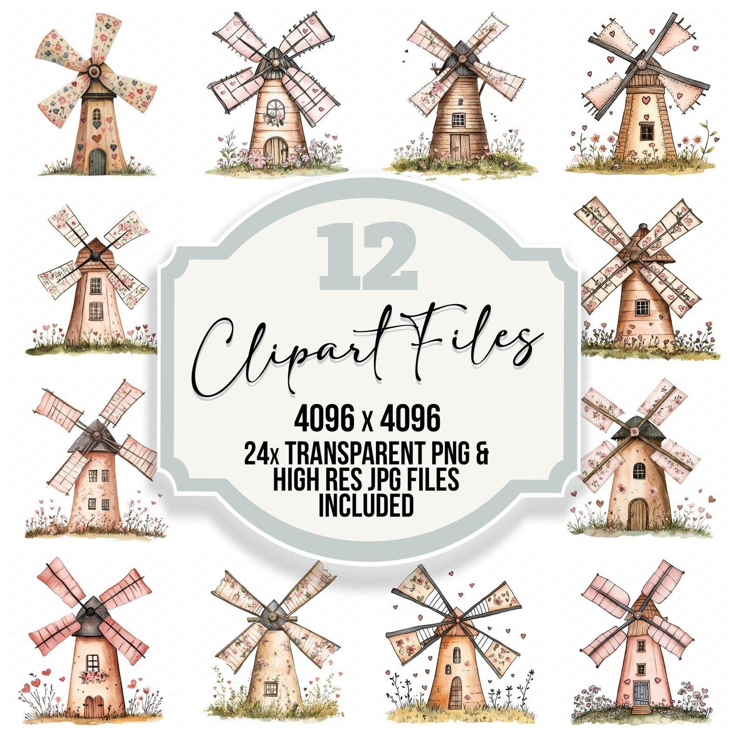 Flat Folk Art Windmill Clipart Set (DDD005356)