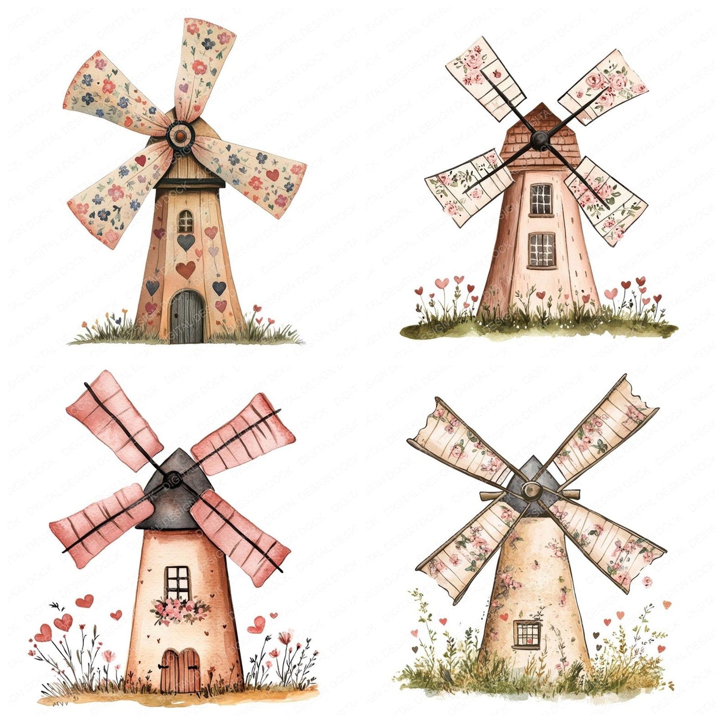 Flat Folk Art Windmill Clipart Set (DDD005356)