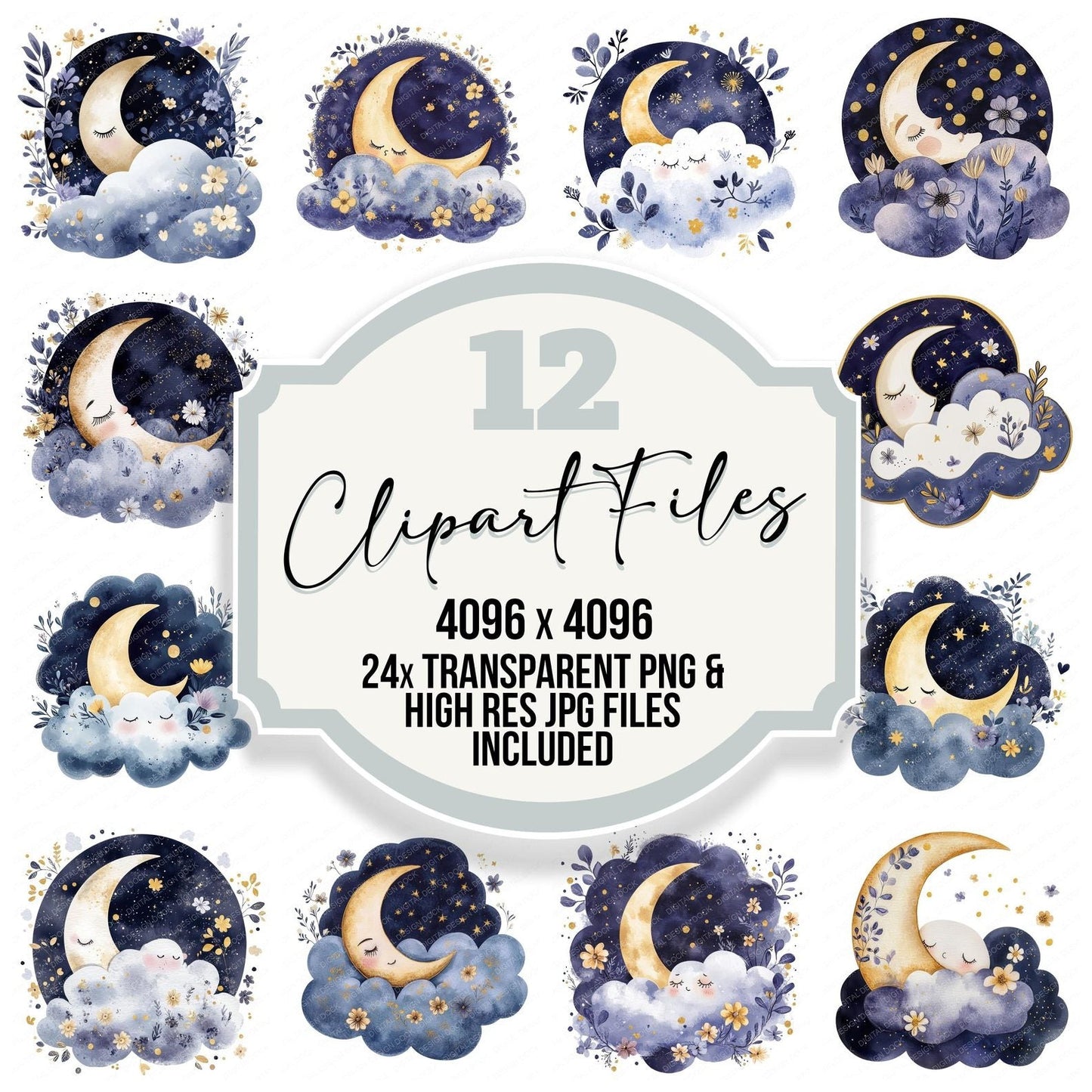 Flat Moon Resting Cloud Clipart Set (DDD005361)