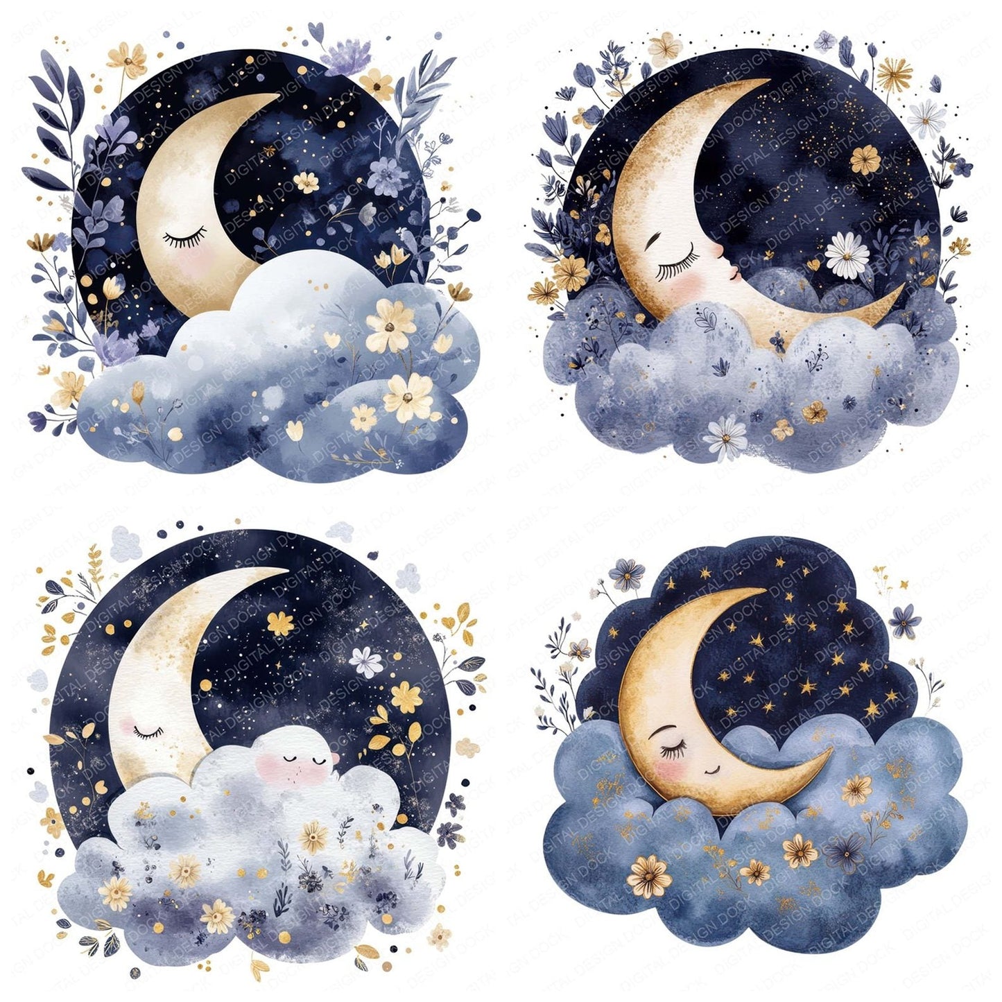 Flat Moon Resting Cloud Clipart Set (DDD005361)