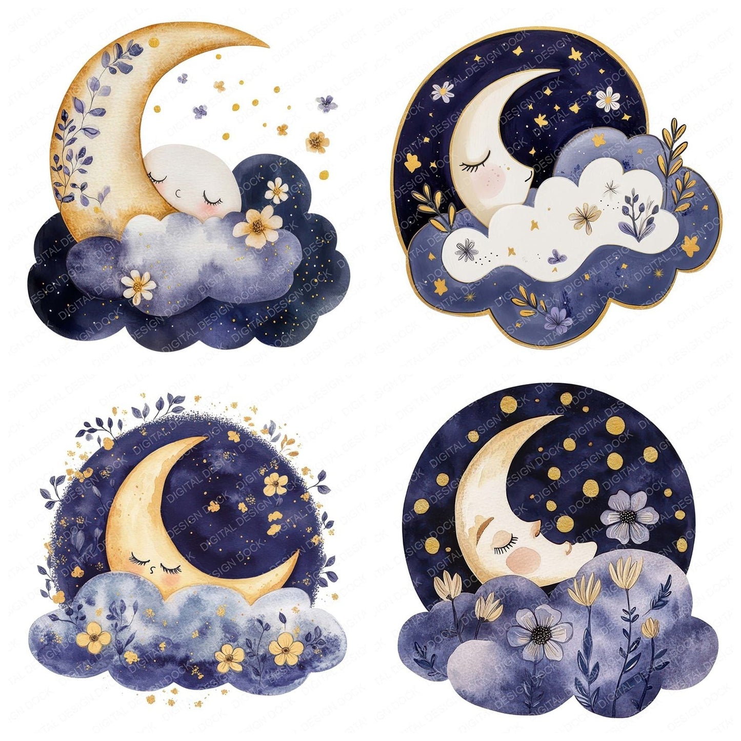 Flat Moon Resting Cloud Clipart Set (DDD005361)