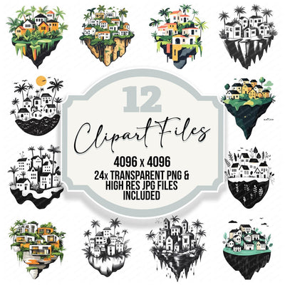Floating Island Village clipart set cover showing the designs and file details