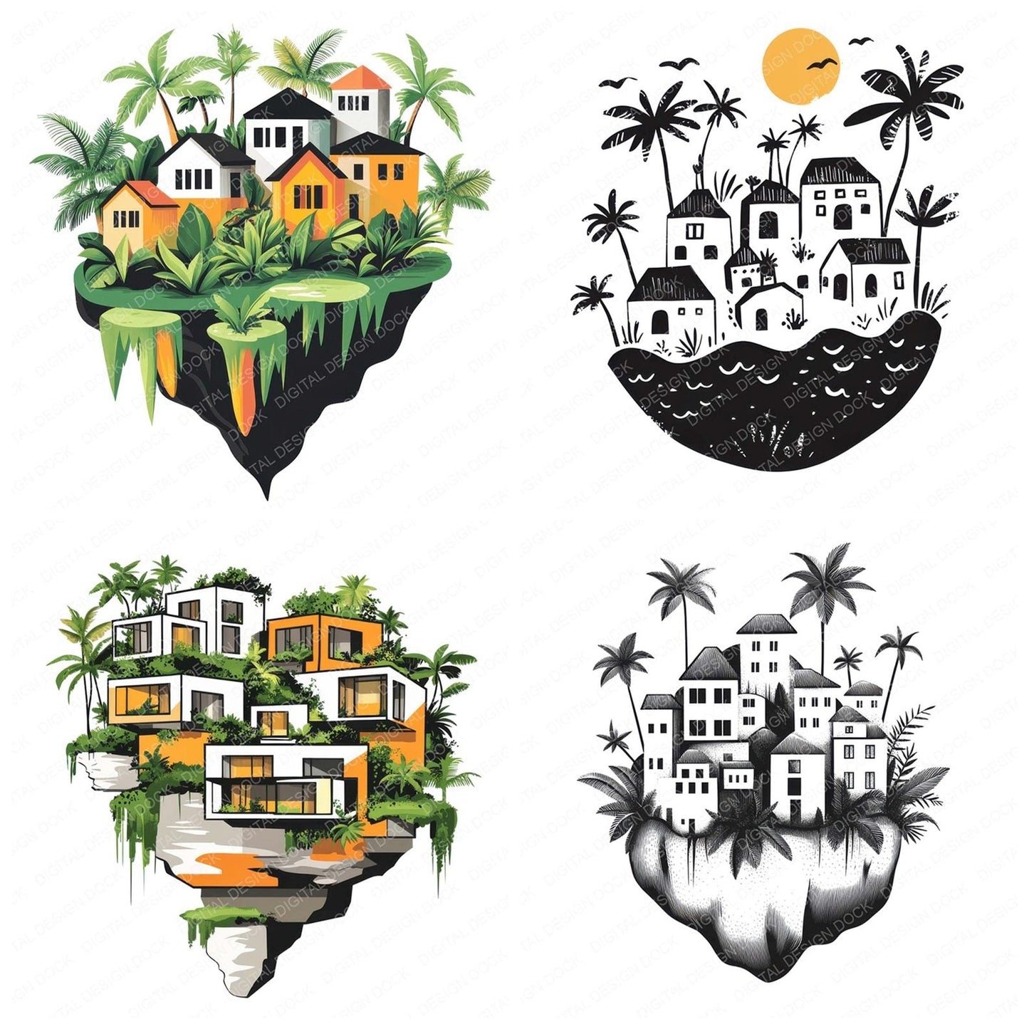 Floating Island Village Clipart Set (DDD005366)