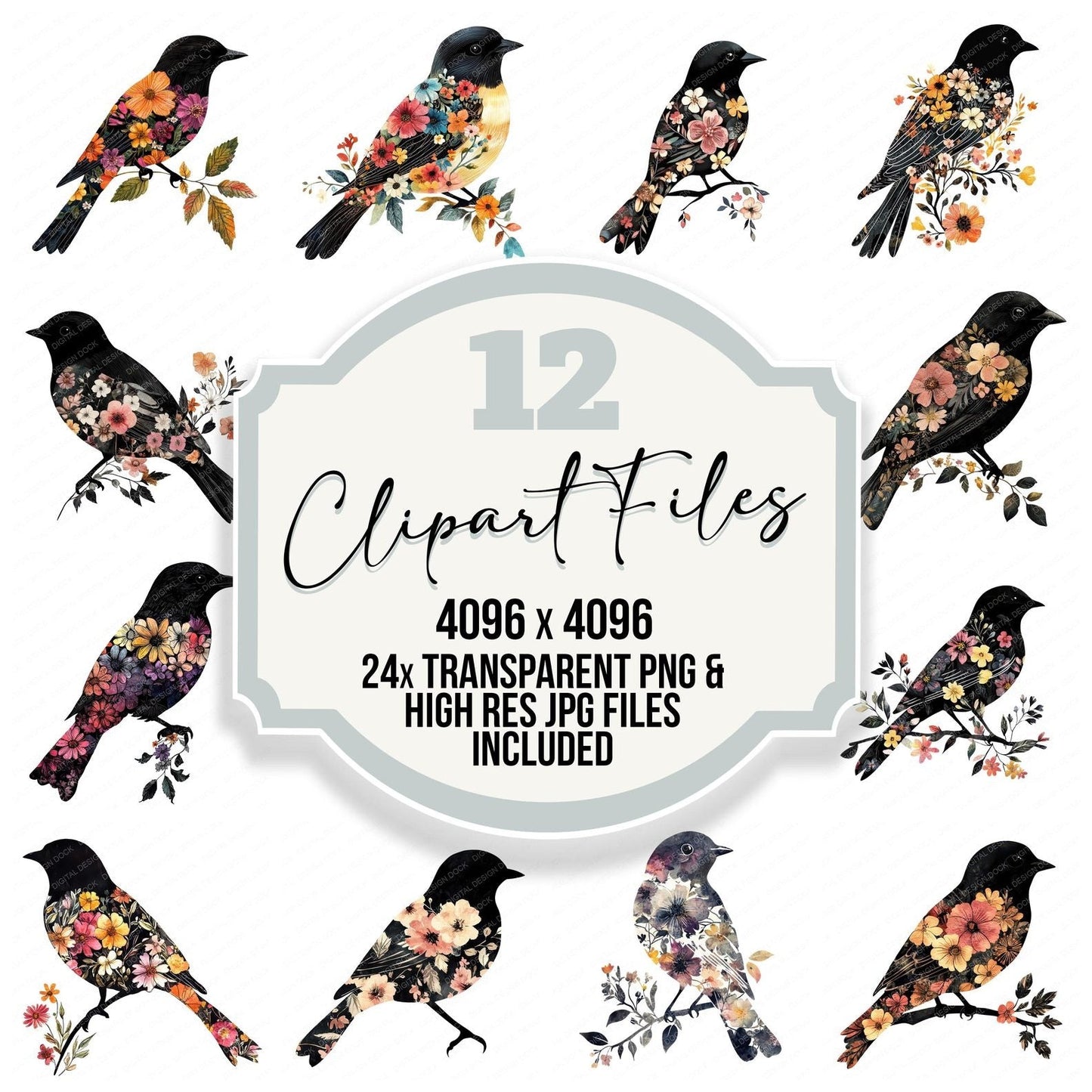 Floral Bird Silhouette Clipart Set (DDD005373)