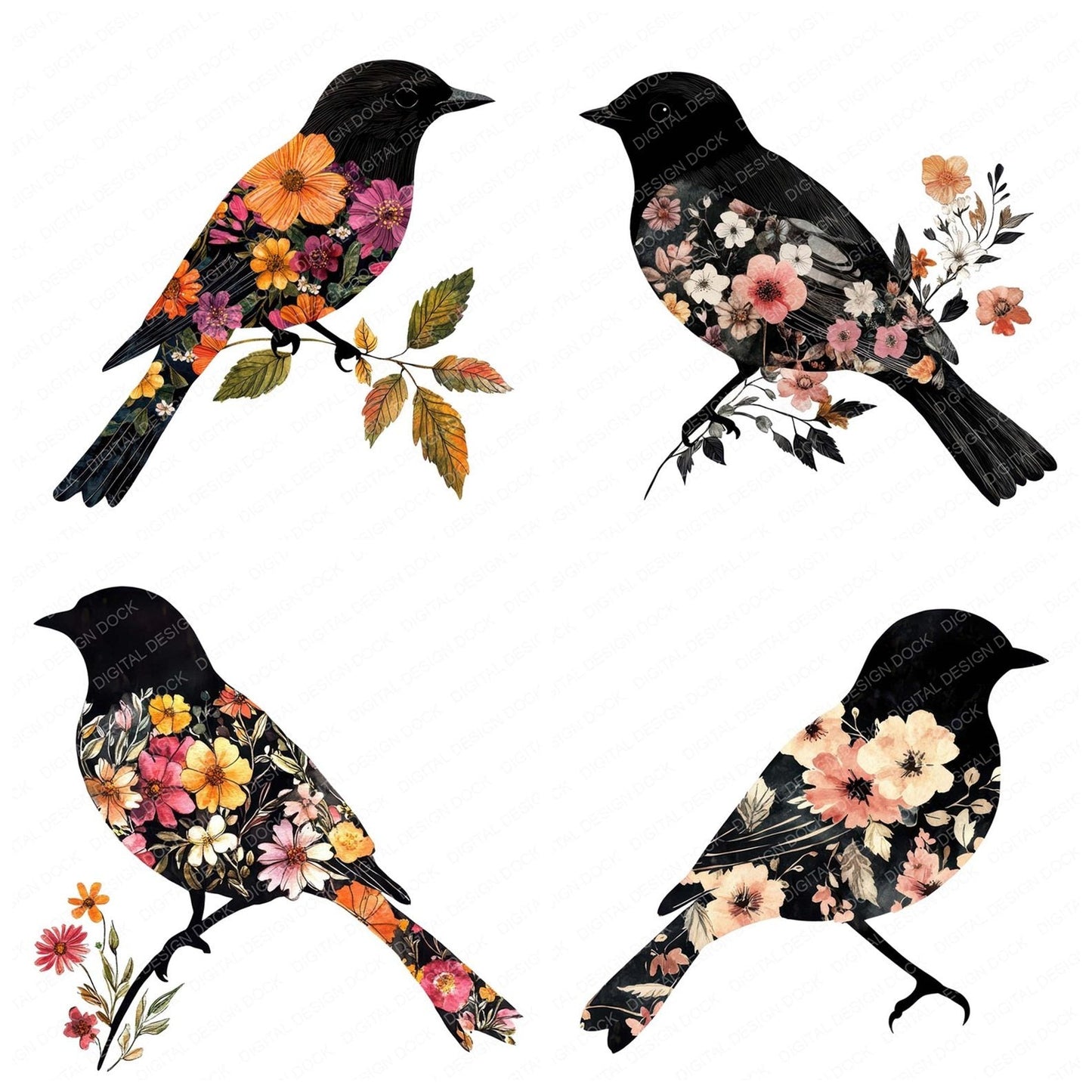 Floral Bird Silhouette Clipart Set (DDD005373)
