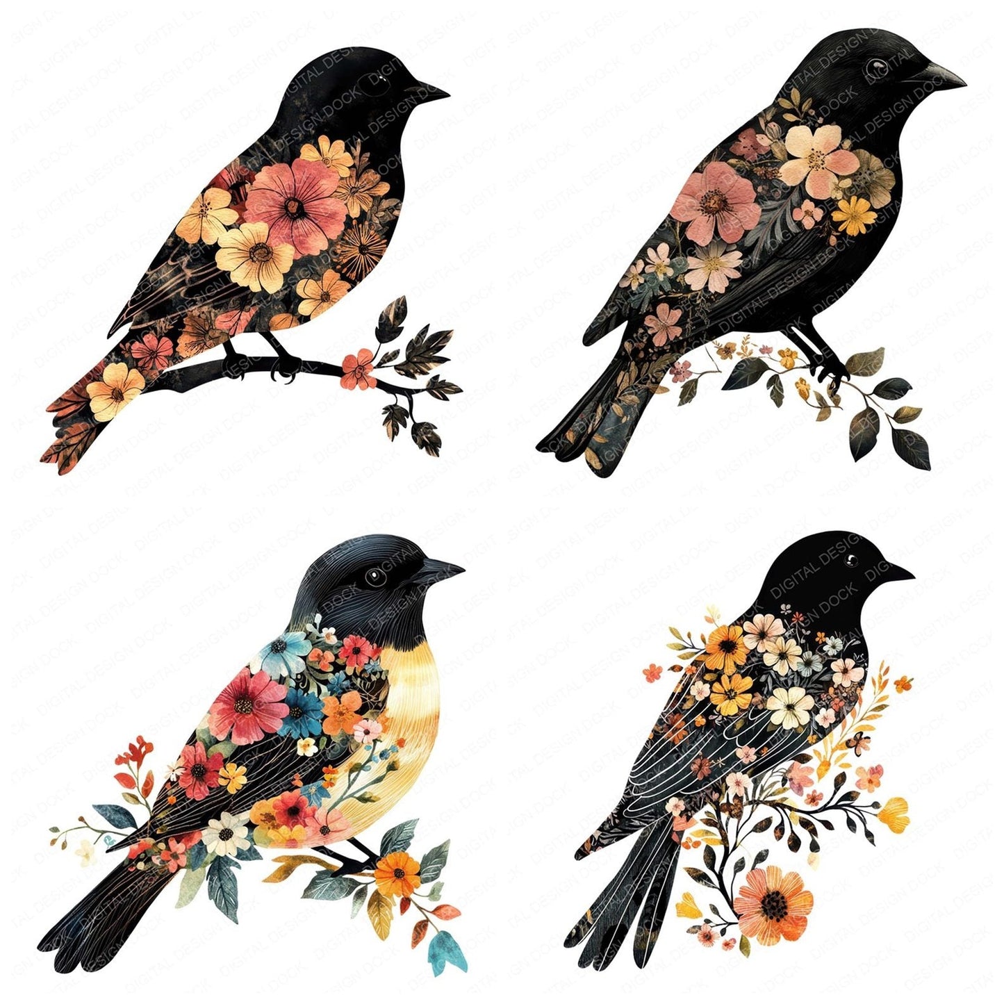 Floral Bird Silhouette Clipart Set (DDD005373)